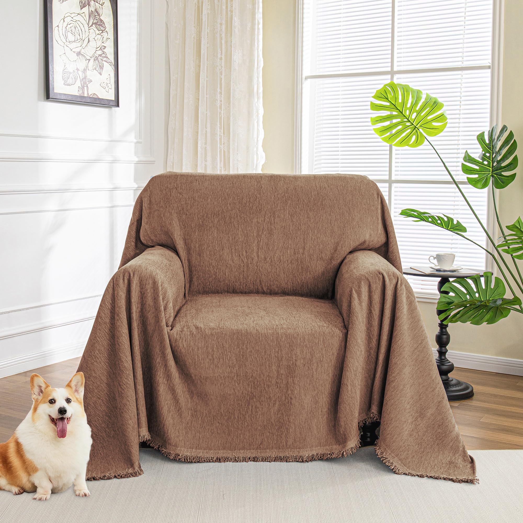 MYSKY HOME Couch Cover for Pets, Beige Couch Covers for 2 Cushion Couch Sofa, Sofa Slipcover Sectional L Shape Chenille Covers for Pets, Throw Couch for Dogs, Kids,71" X118"