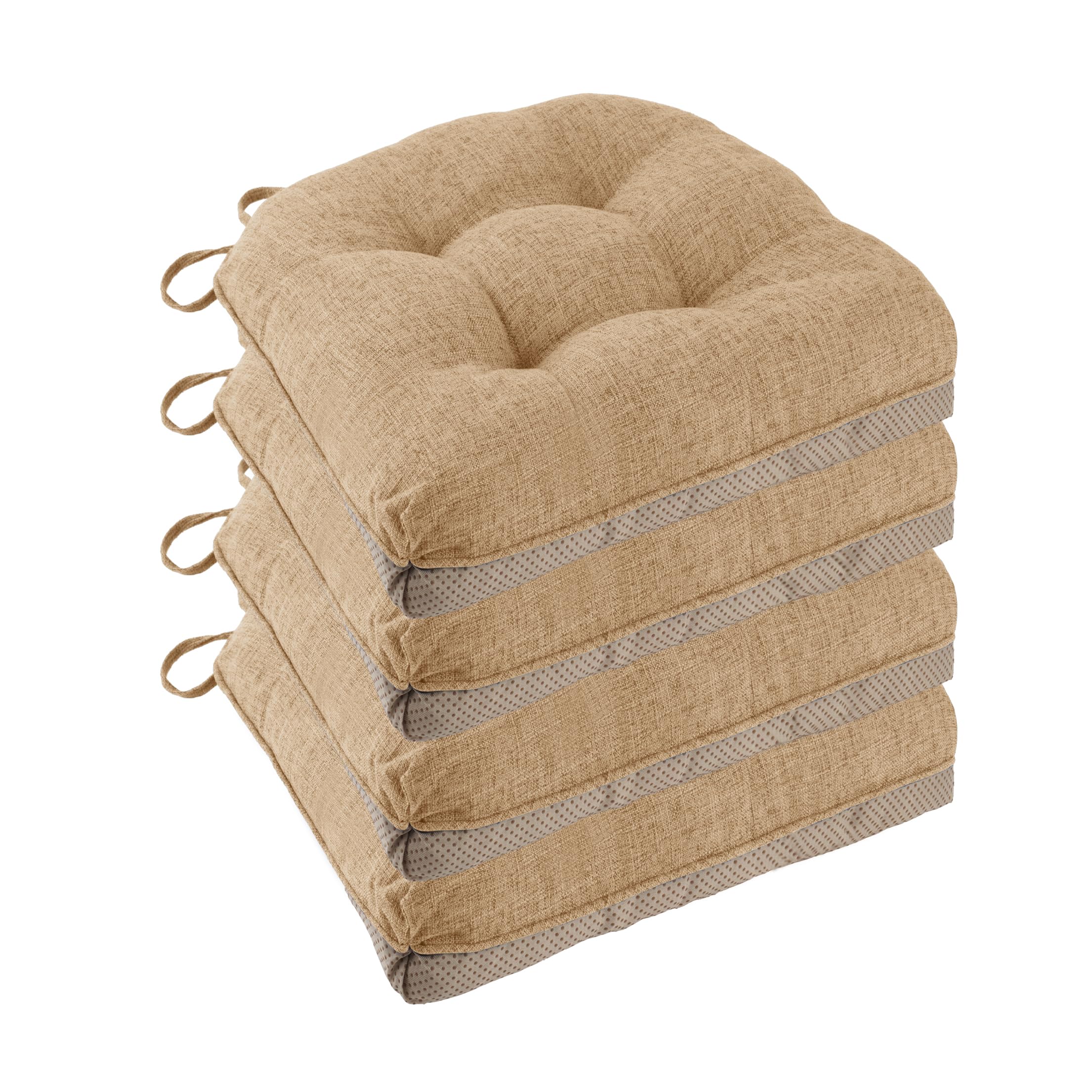 Non Slip Chair Cushions for Dining Chairs Set of 4 Kitchen Chair Cushions 18"x18"x3" Turfted Chair Pads Comfortable and Soft Seat Cushion with Ties, Coffee