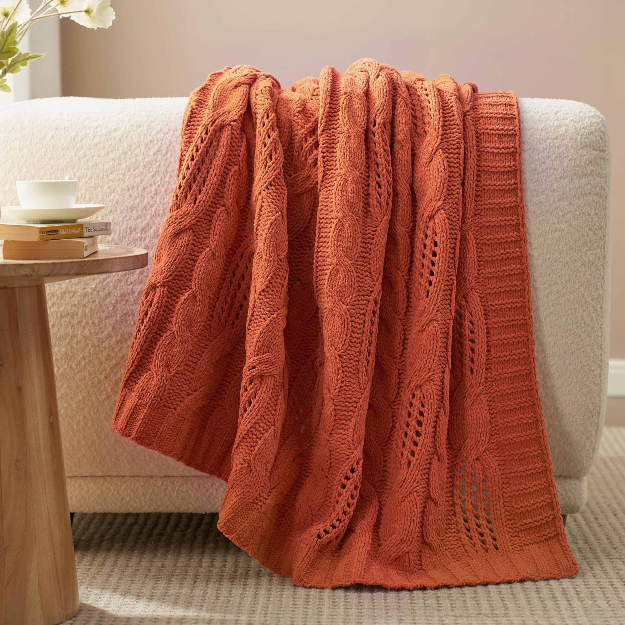 Amélie Home Chunky Knit Throw Blanket, Dual-Sided Soft Chenille Breathable Cable Knitted Blanket for Couch, Farmhouse Decorative Throw for Sofa & Chair, 50"x60", Sage Green