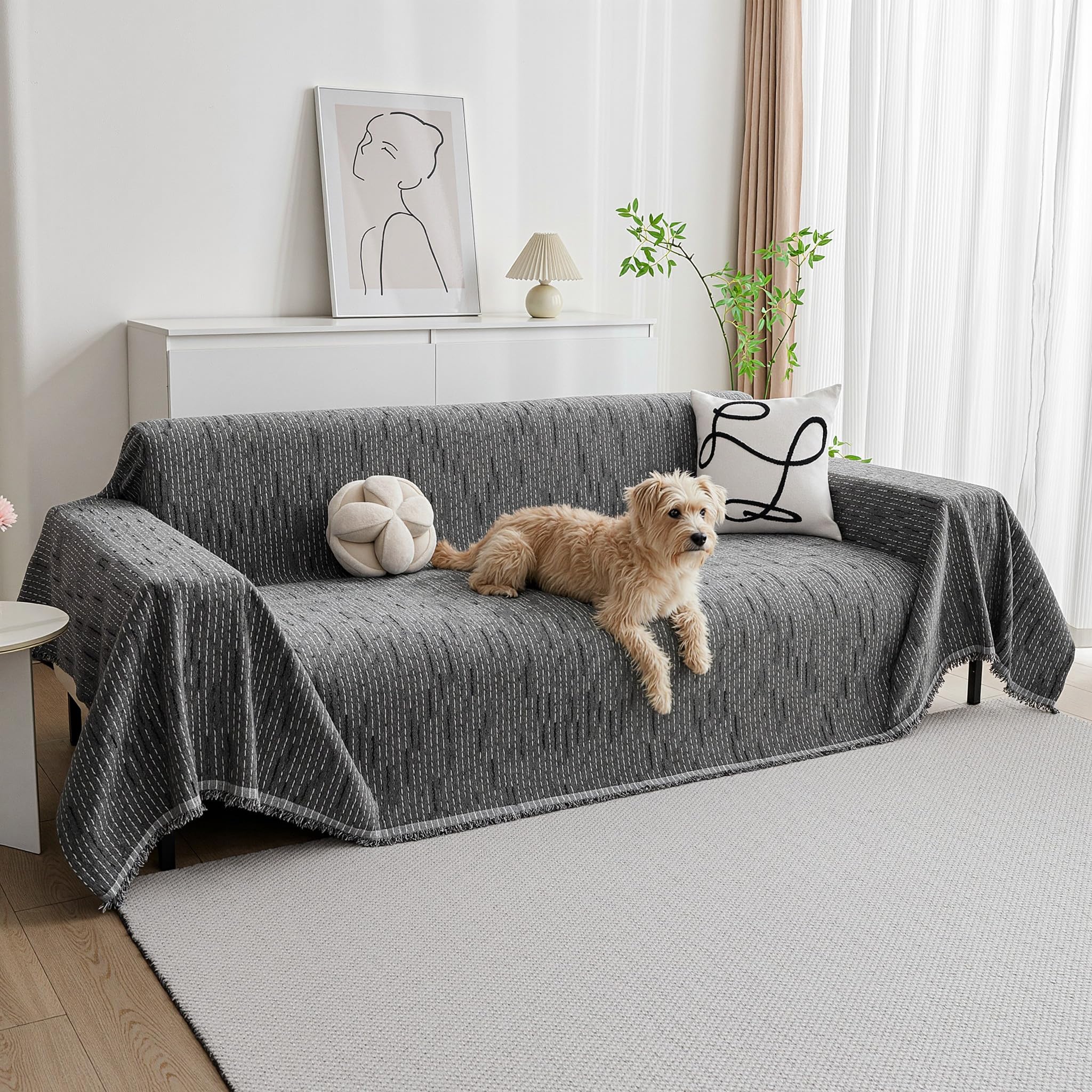 MYSKY HOME Couch Cover for Dogs, Washable Couch Covers, Non Slip Sofa Cover, Couch Cover 2 Cushion Sofa Dogs Furniture Protector with Tassels, Chenille Sofa Slipcover for Pets, 71"x118", Dark Grey