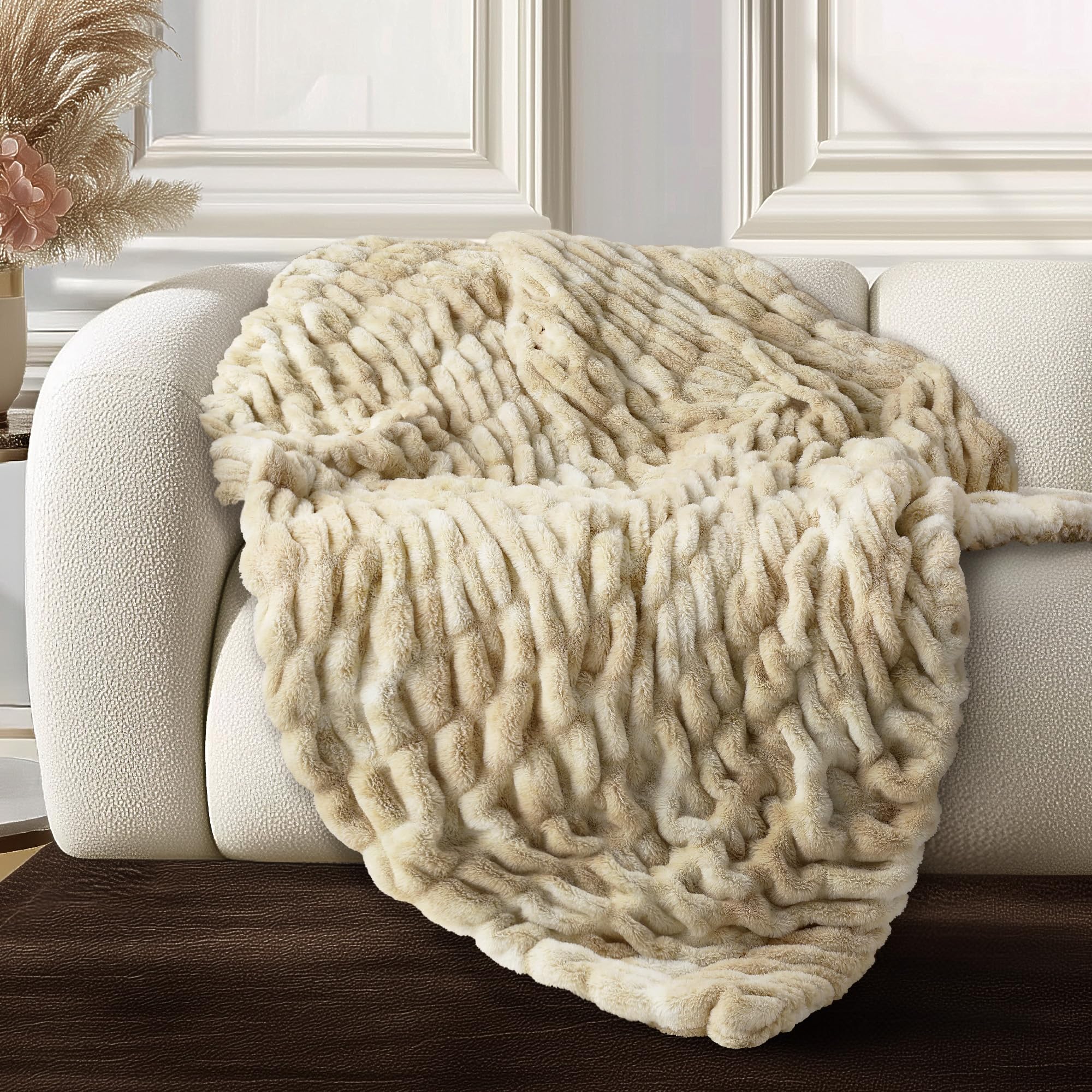 Ultra Soft Cozy Faux Fur Throw Blanket, Fuzzy Plush Thick Bubble Blanket, Luxury Fluffy Blanket for Couch, Sofa, Bedroom, and Living Room, 50x60 Inches, Cream White