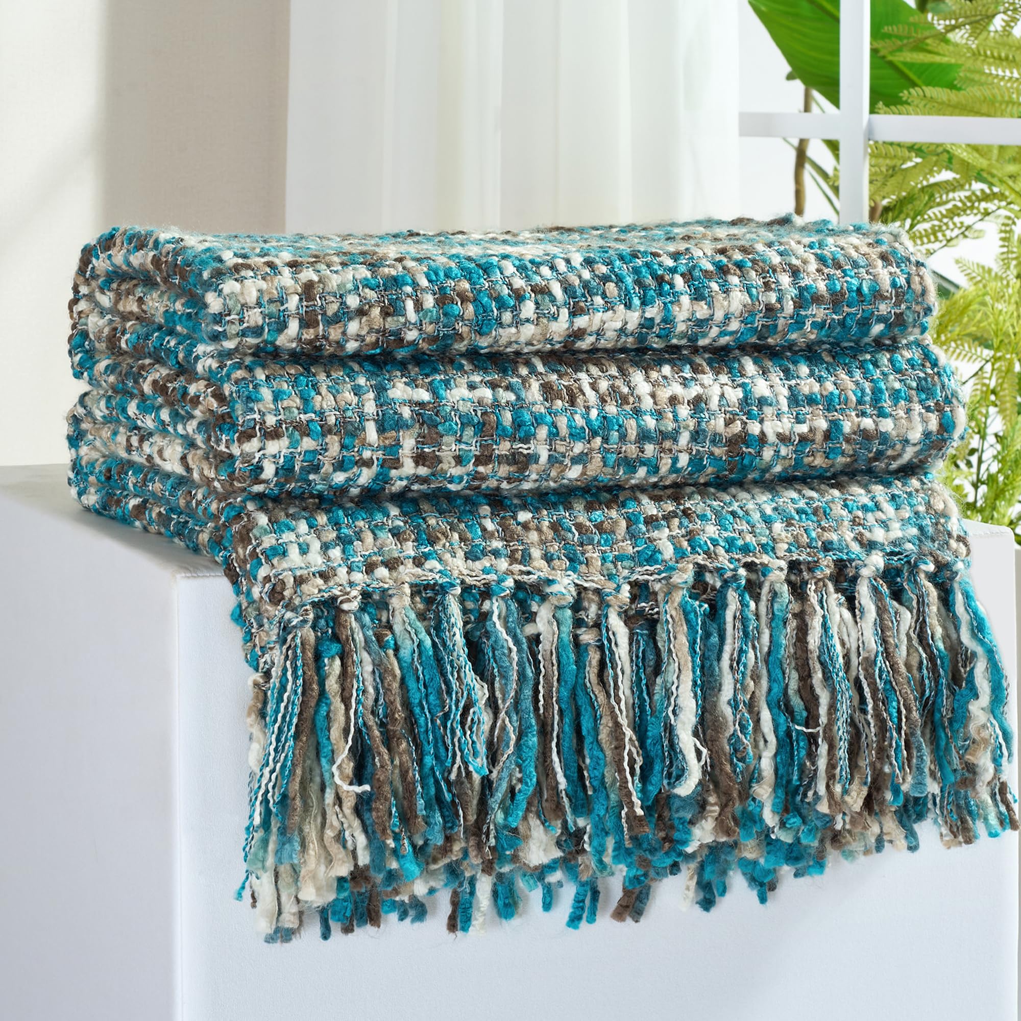 Multi-Color Gold Green Cable Woven Throw Blanket for Couch,50"X60" Boho Style Textured Blankets for Home Decor,Super Soft Warm Cozy Chunky Blanket with Decorative Tassels for Bed