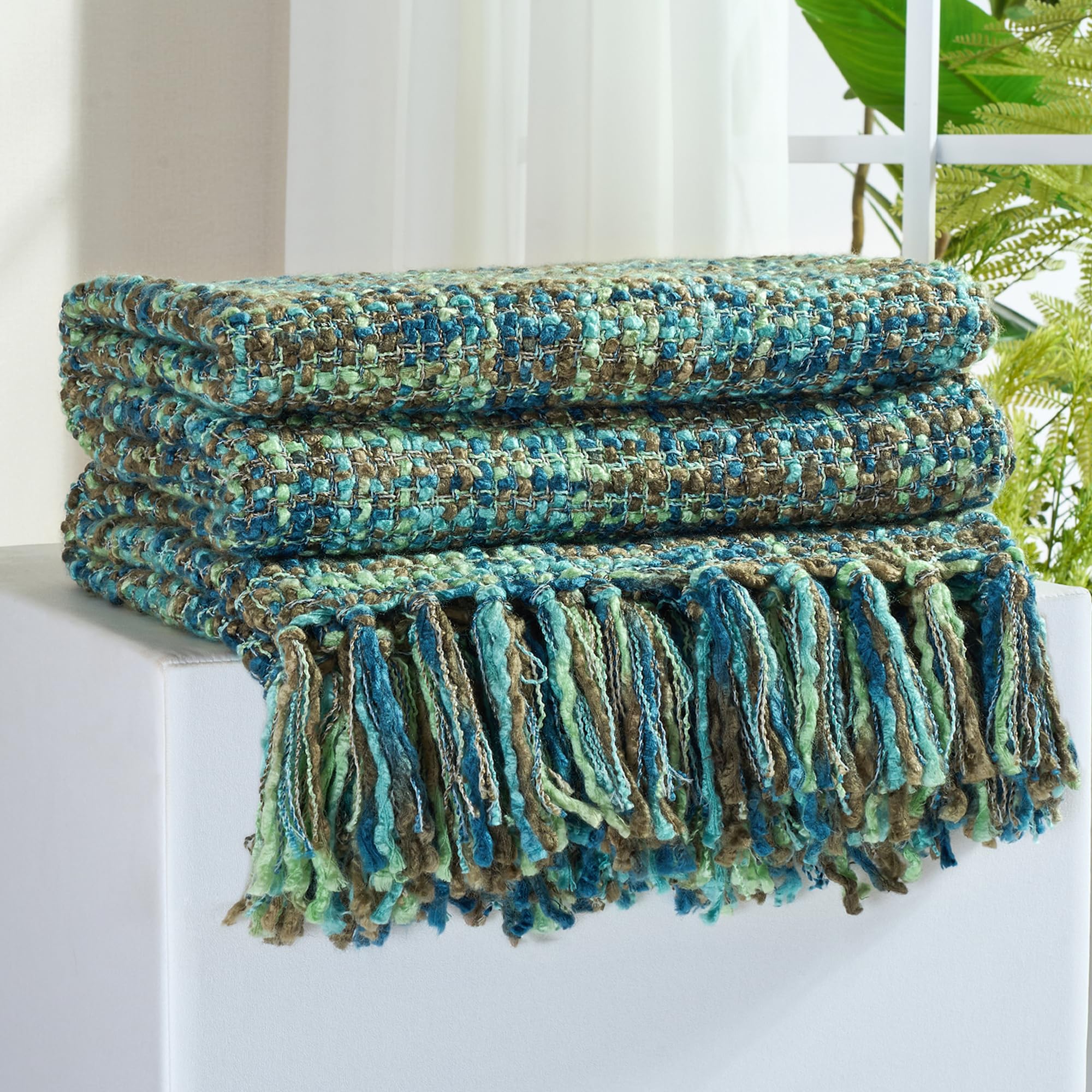 Multi-Color Gold Green Cable Woven Throw Blanket for Couch,50"X60" Boho Style Textured Blankets for Home Decor,Super Soft Warm Cozy Chunky Blanket with Decorative Tassels for Bed