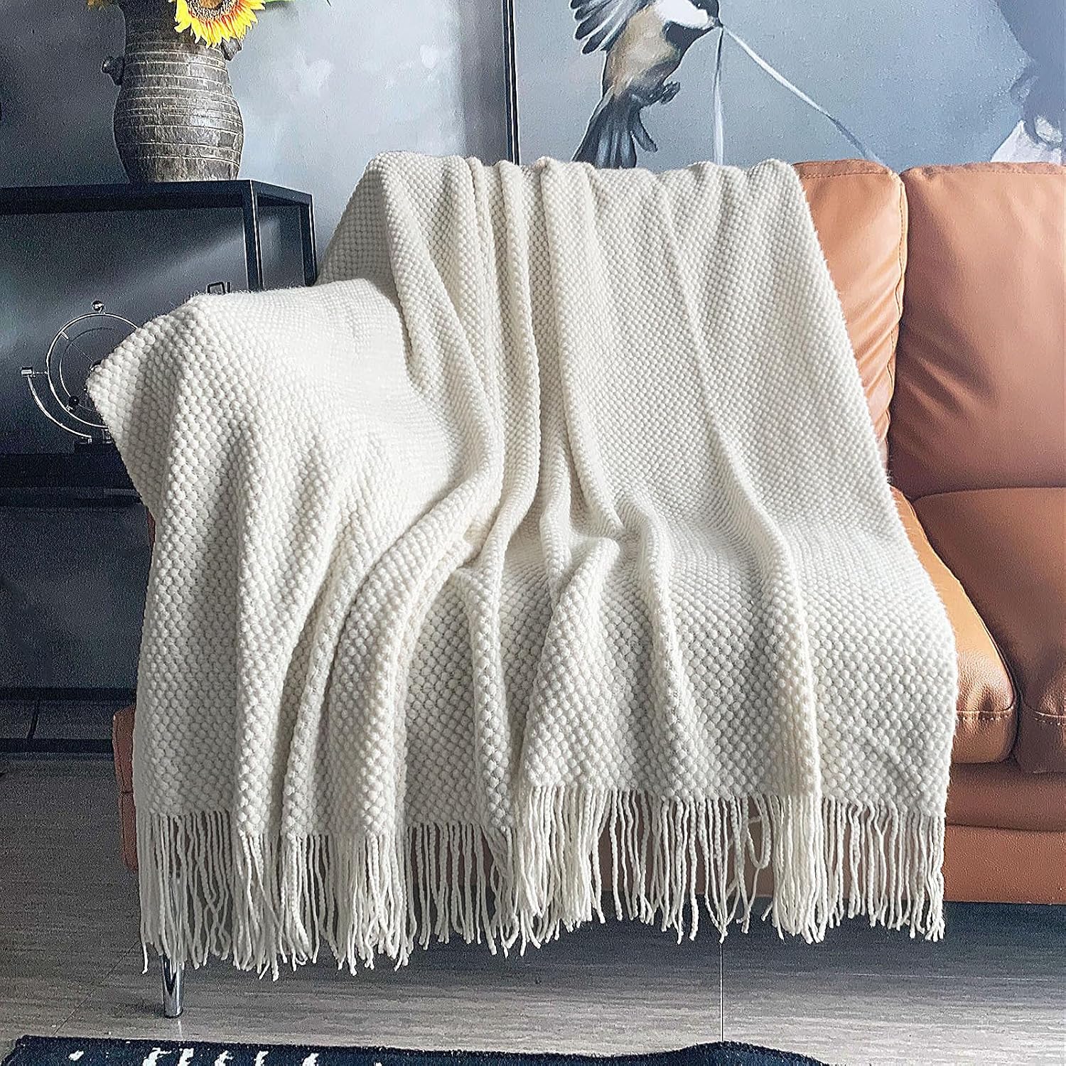 LOMAO Knitted Throw Blanket with Tassels Bubble Textured Lightweight Throws for Couch Cover Home Decor (Cream, 60x80)