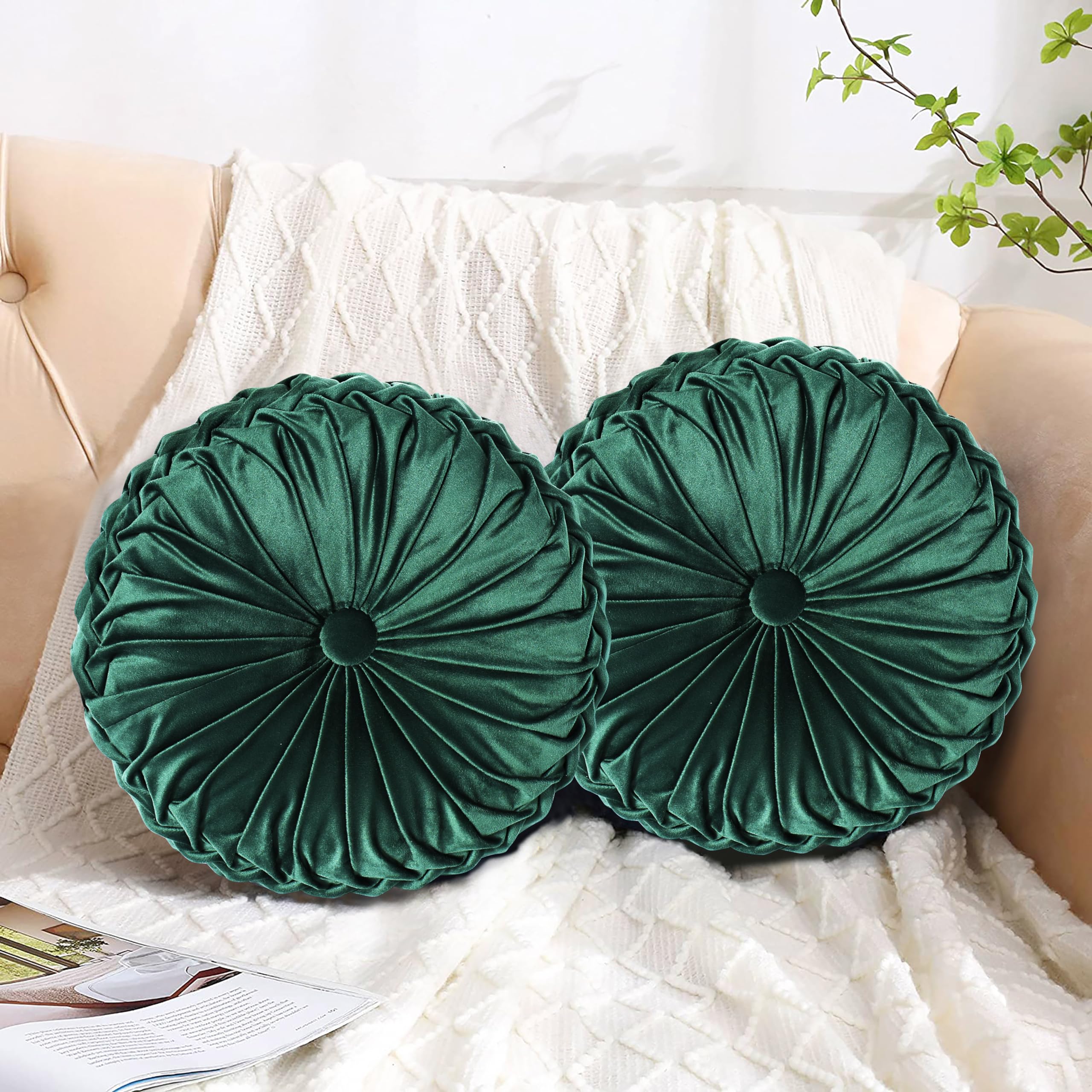 HIG Decorative Round Throw Pillows for Bed Couch -Set of 2 Handcraft Ruched Pumpkin Pillow, Soft and Durable Flannel Floor Pillow for Home Decor, Bed Living Room and Sofa (Dusty Rose,14.5"x14.5")