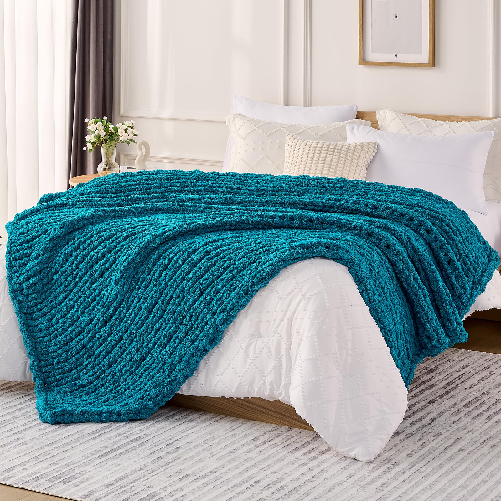 L'AGRATY Chunky Knit Blanket Throw,Soft Chenille Yarn Throw Blanket 50x60，Handmade Cable Knit Crochet Blanket,Large Knit Blankets Chunky Yarn,Rope Knot Throw Blanket for Couch Sofa Bed Home Decor