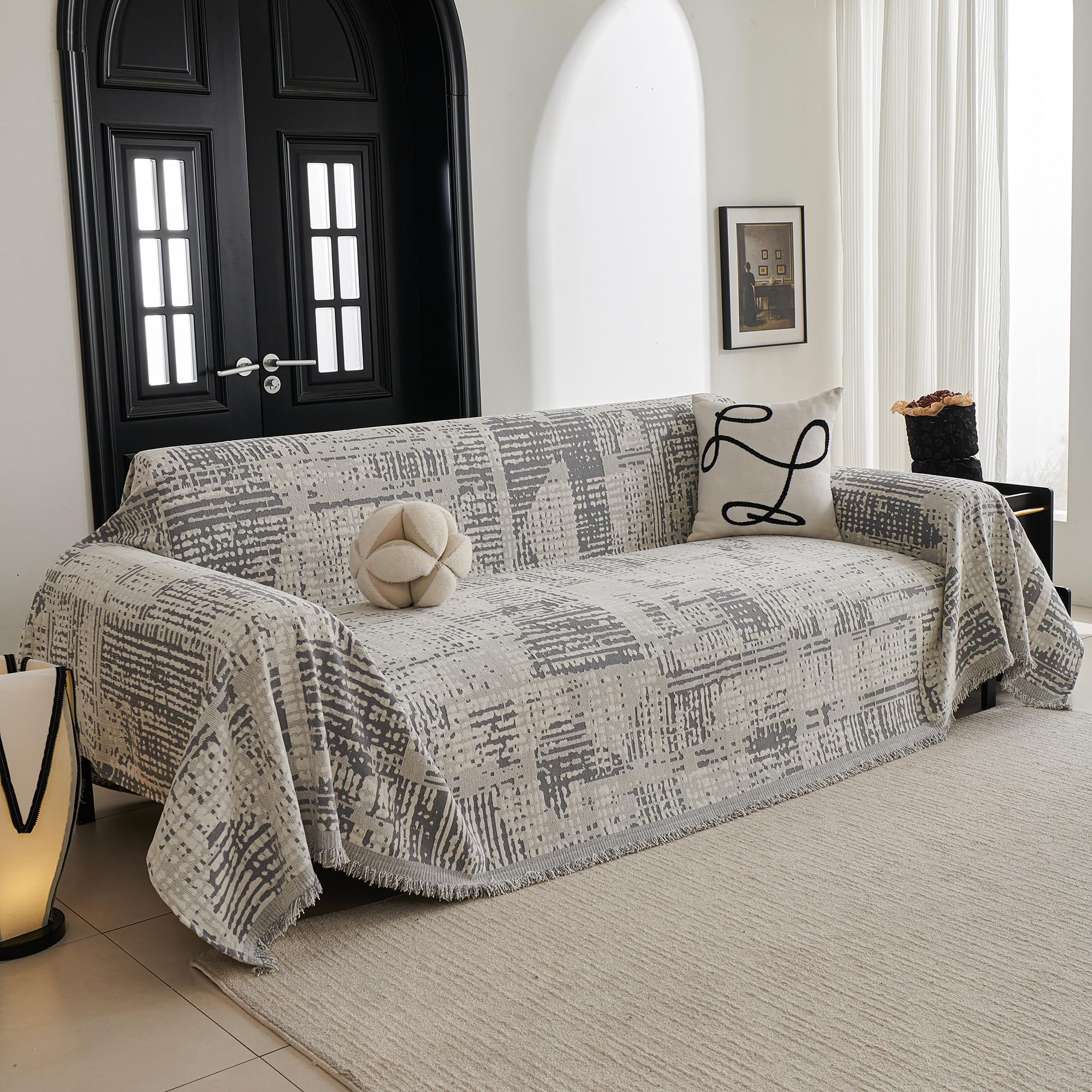 MYSKY HOME Couch Cover for Pets, Beige Couch Covers for 2 Cushion Couch Sofa, Sofa Slipcover Sectional L Shape Chenille Covers for Pets, Throw Couch for Dogs, Kids,71" X118"