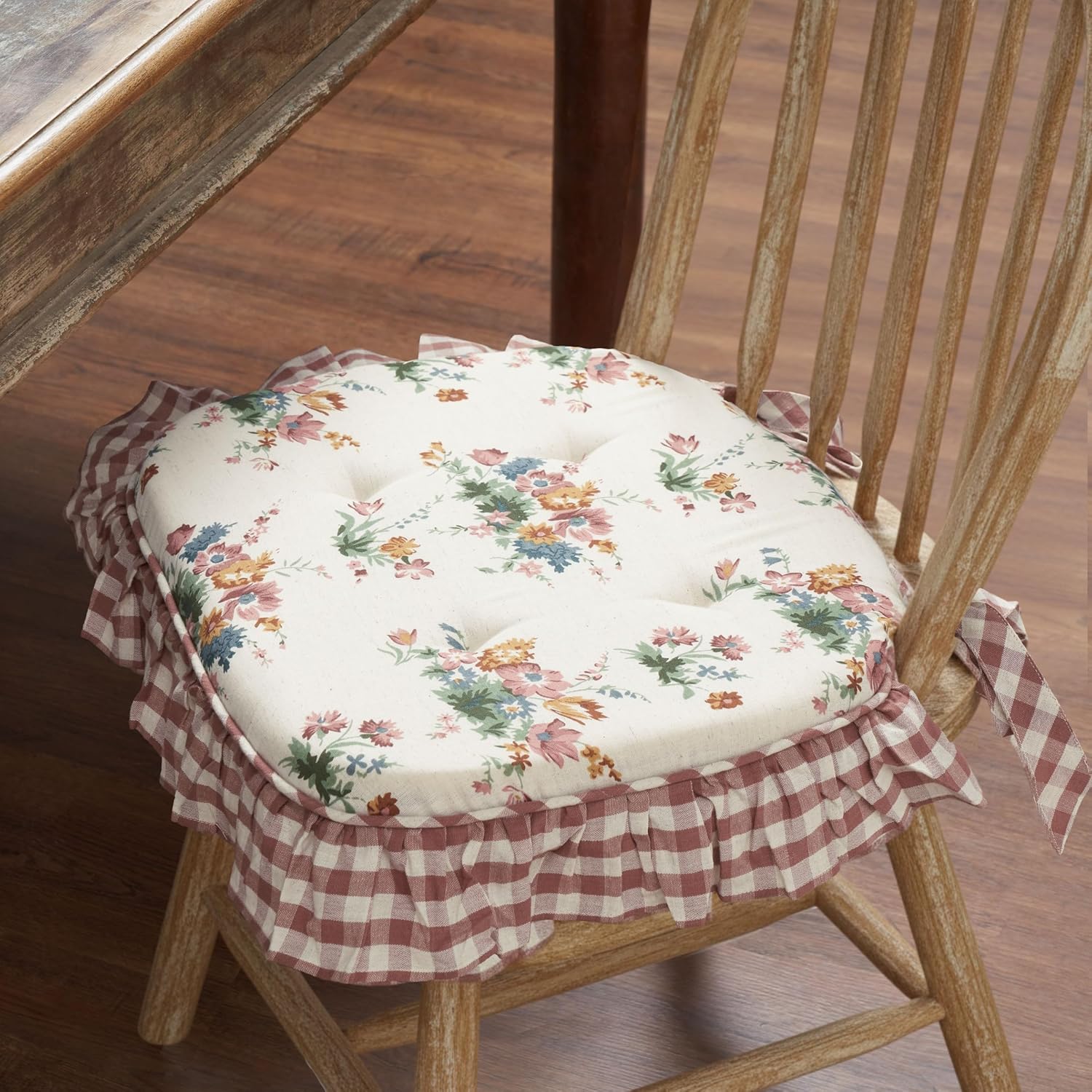 VHC Brands Rosehill Cottage Floral Ruffled Cotton Chair Pad - 15.5x17 - Dusty Rose & Natural Cushioned Seat Cushion