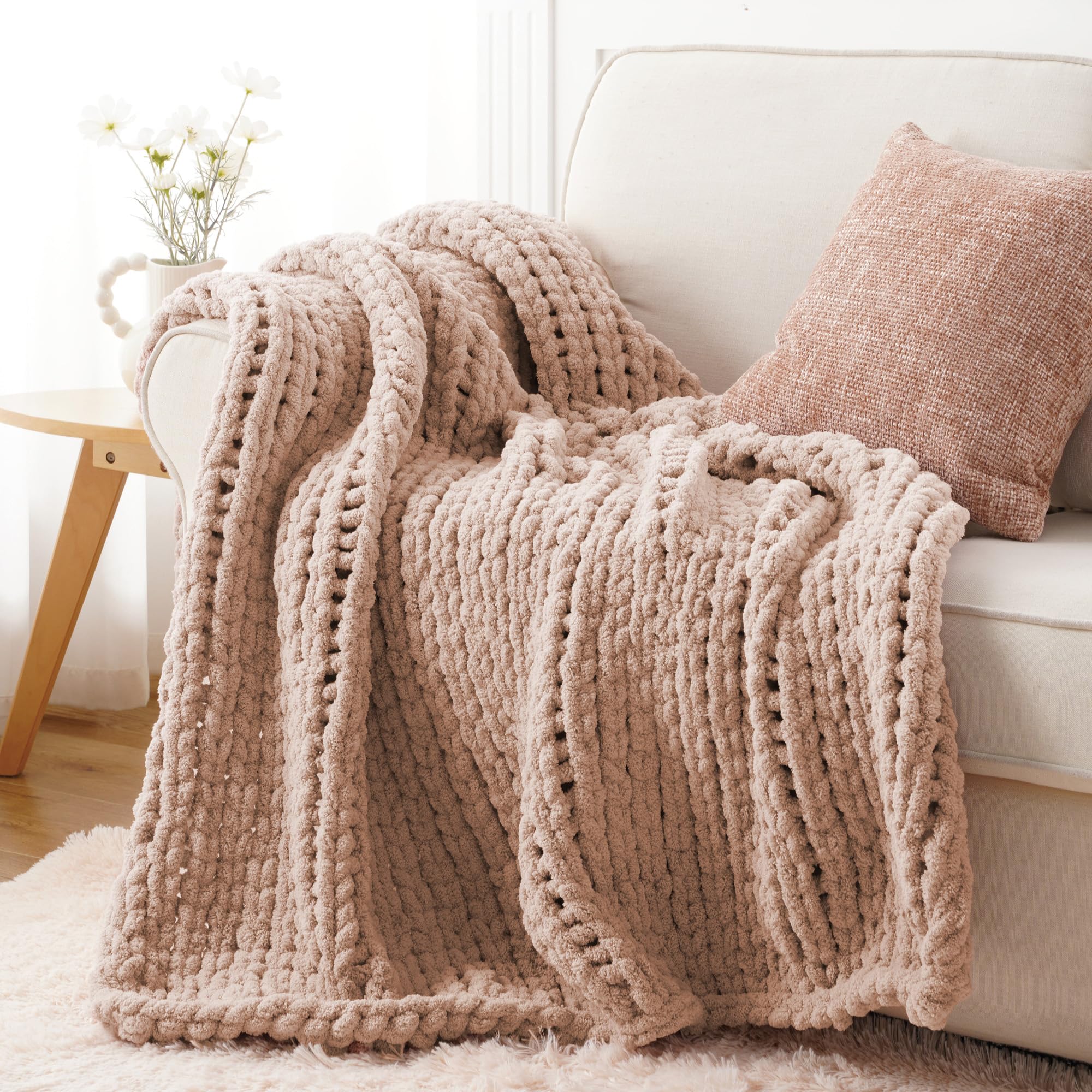 Battilo Brown Chunky Knit Throw Blanket, Soft and Thick Chenille Throw Blanket, 50"x60" Handmade Cable Knit Crochet Blanket, Knot Throw Blankets for Couch Sofa Bed Home Decor (Brown, 50"x60")