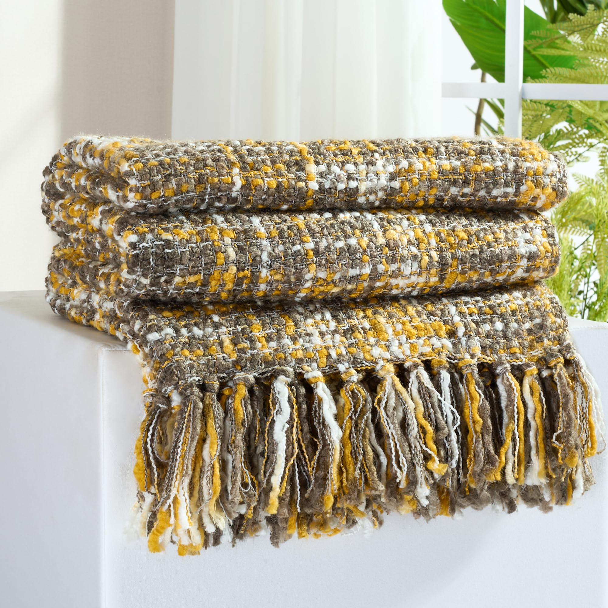 Multi-Color Gold Green Cable Woven Throw Blanket for Couch,50"X60" Boho Style Textured Blankets for Home Decor,Super Soft Warm Cozy Chunky Blanket with Decorative Tassels for Bed