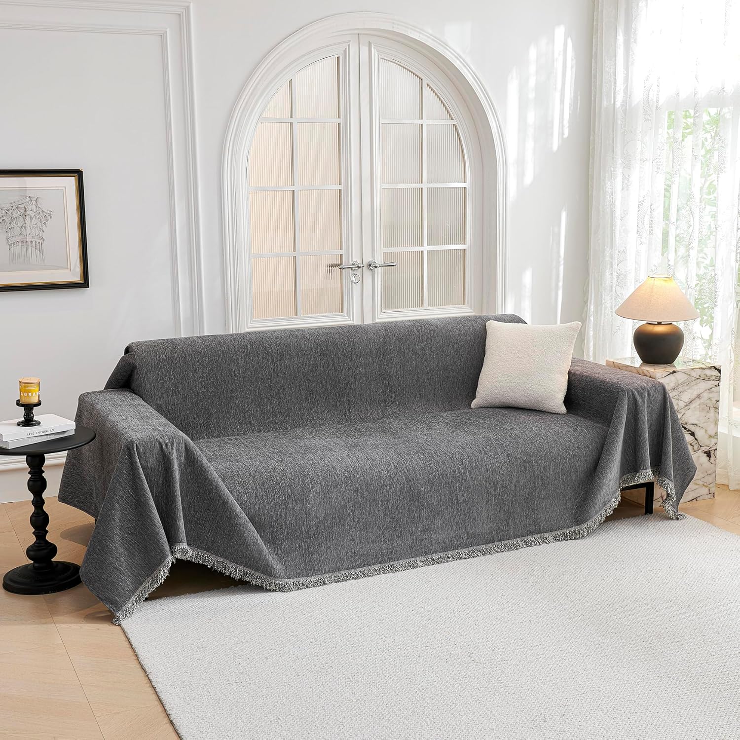 MYSKY HOME Couch Cover for Dogs, Washable Couch Covers, Non Slip Sofa Cover, Couch Cover 2 Cushion Sofa Dogs Furniture Protector with Tassels, Chenille Sofa Slipcover for Pets, 71"x118", Dark Grey