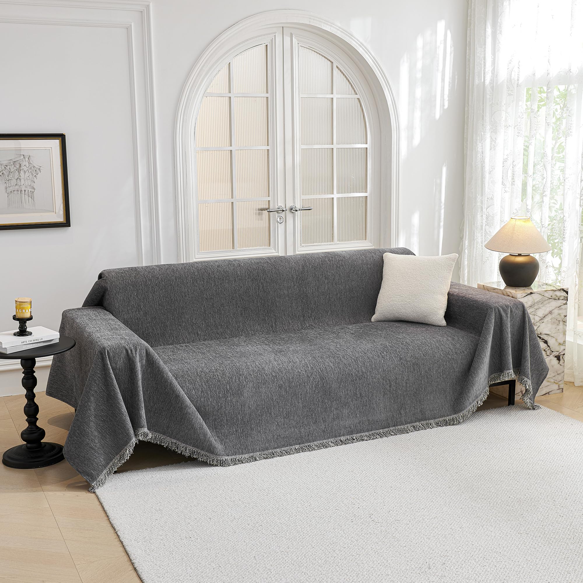 MYSKY HOME Couch Cover for Dogs, Washable Couch Covers, Non Slip Sofa Cover, Couch Cover 2 Cushion Sofa Dogs Furniture Protector with Tassels, Chenille Sofa Slipcover for Pets, 71"x118", Dark Grey