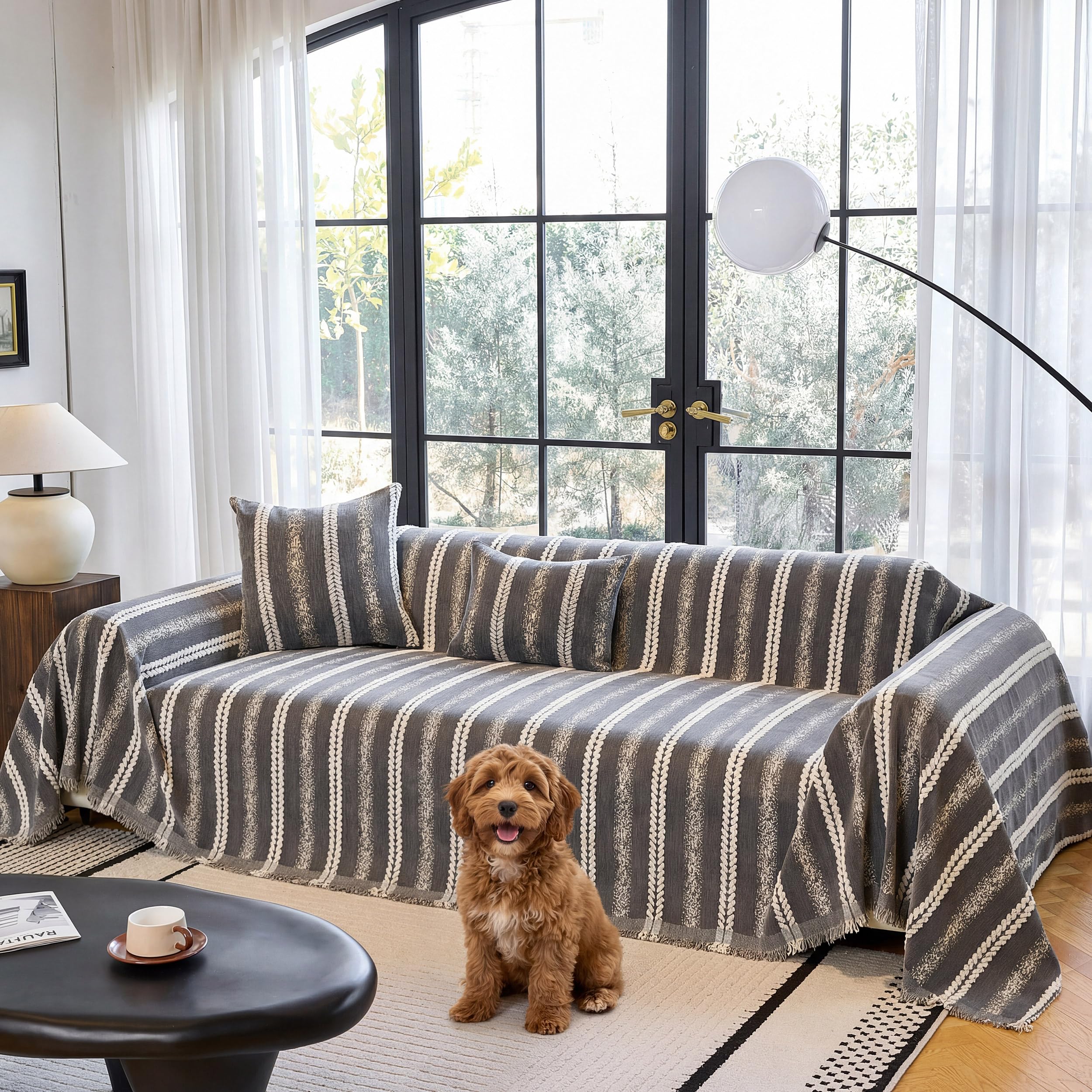 Washable Non-Slip Striped Dog Sofa Cover for 2-Seat Couch, Beige 71×118
