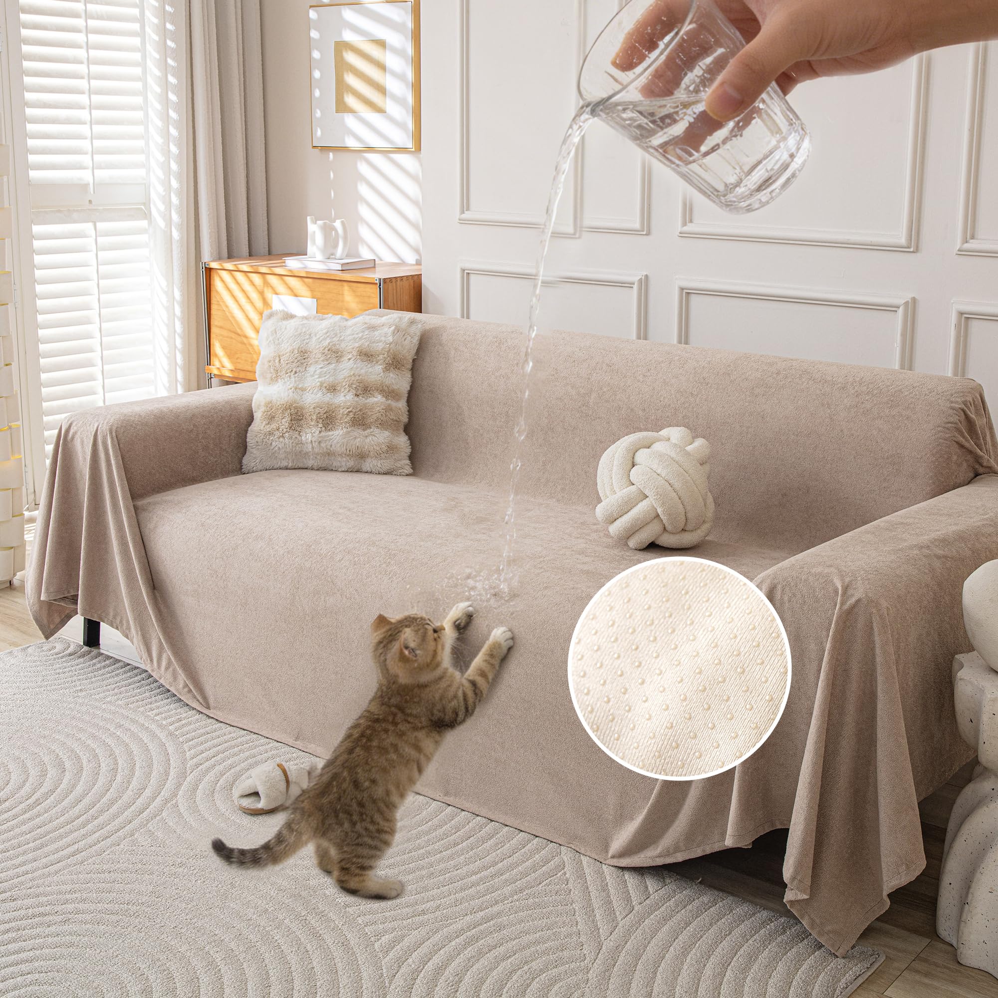 Waterproof Couch Covers for 3 Cushion, Non Slip Cat-Scratch Resistant Sofa Couch Covers for Dogs, Pet Friendly Couch Protectors Slipcovers, Washable Furniture Covers for Pets, 71" x 118",Ivory