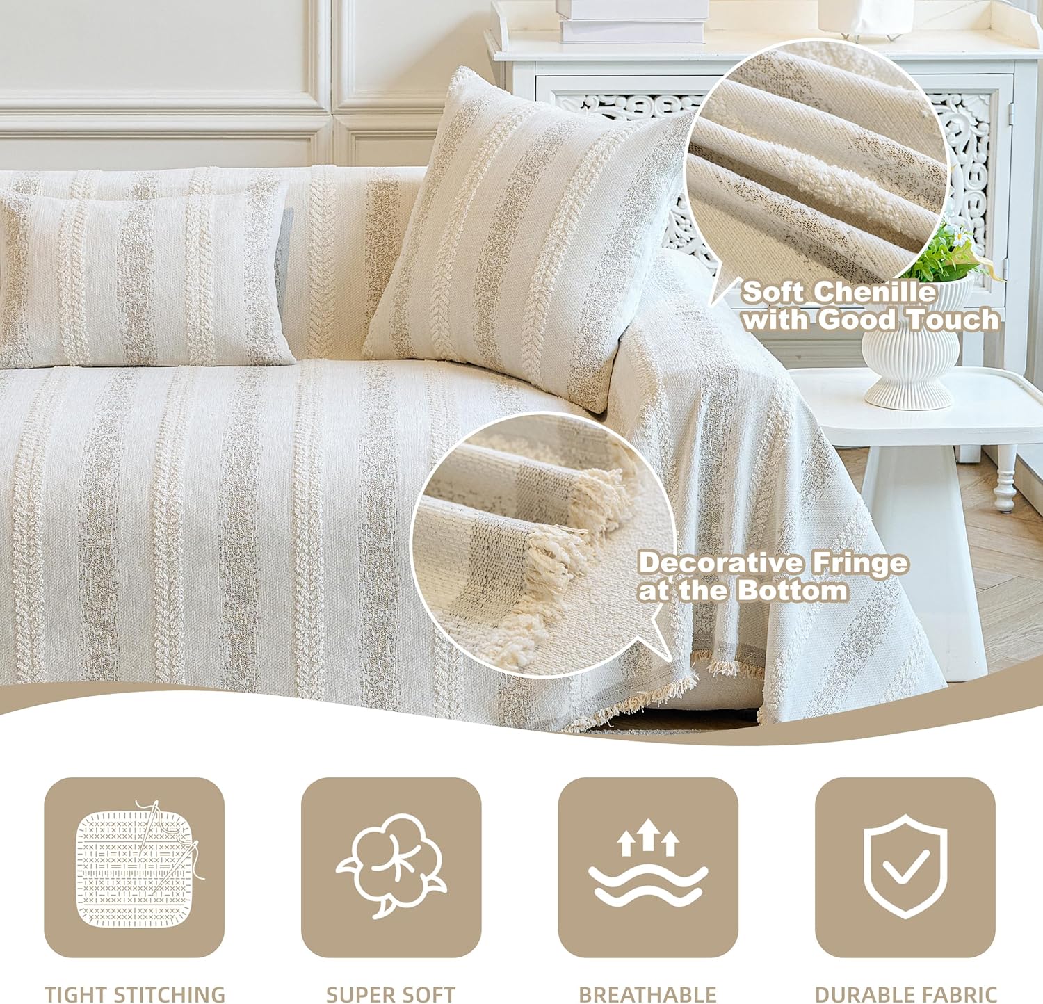 Washable Non-Slip Striped Dog Sofa Cover for 2-Seat Couch, Beige 71×118