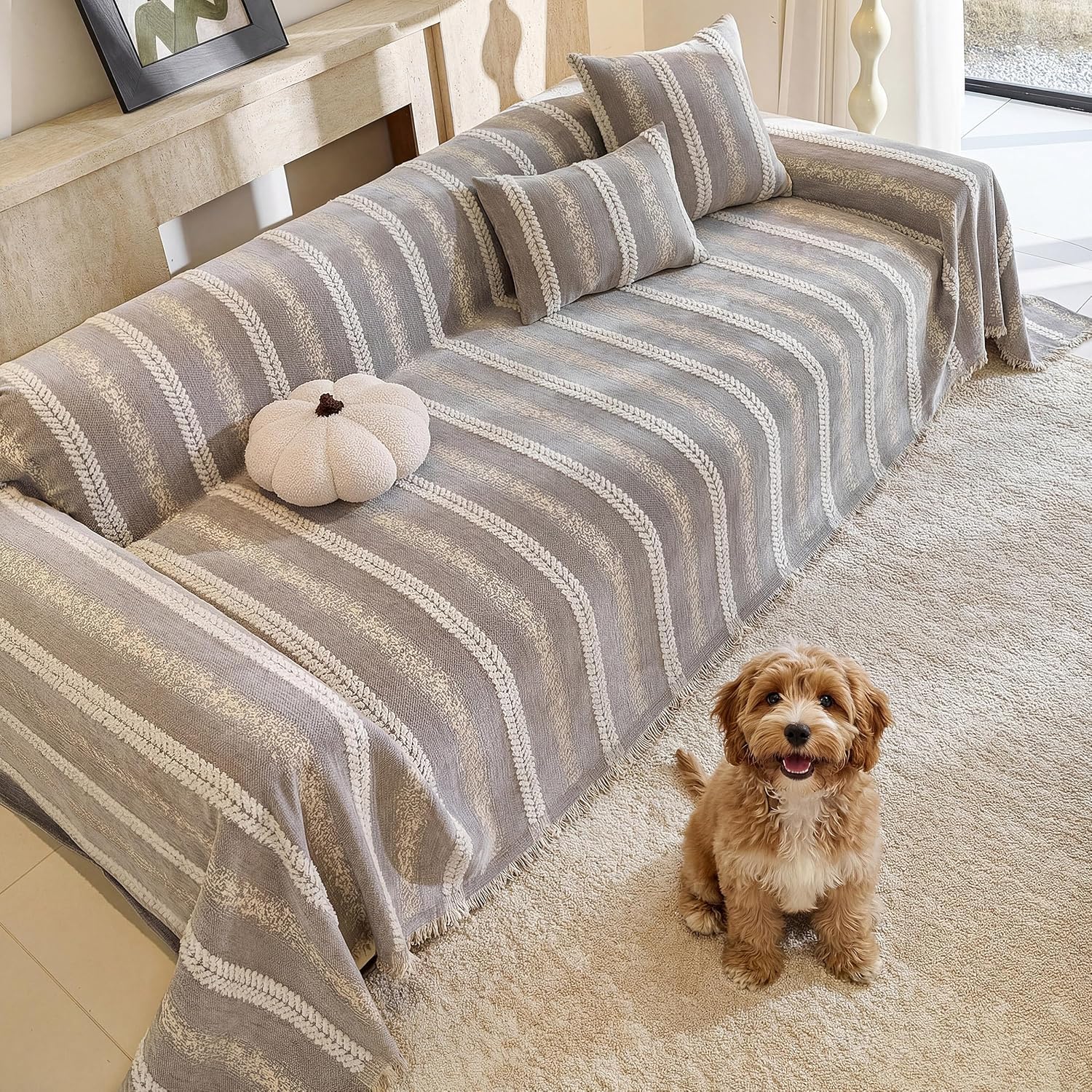 Washable Non-Slip Striped Dog Sofa Cover for 2-Seat Couch, Beige 71×118