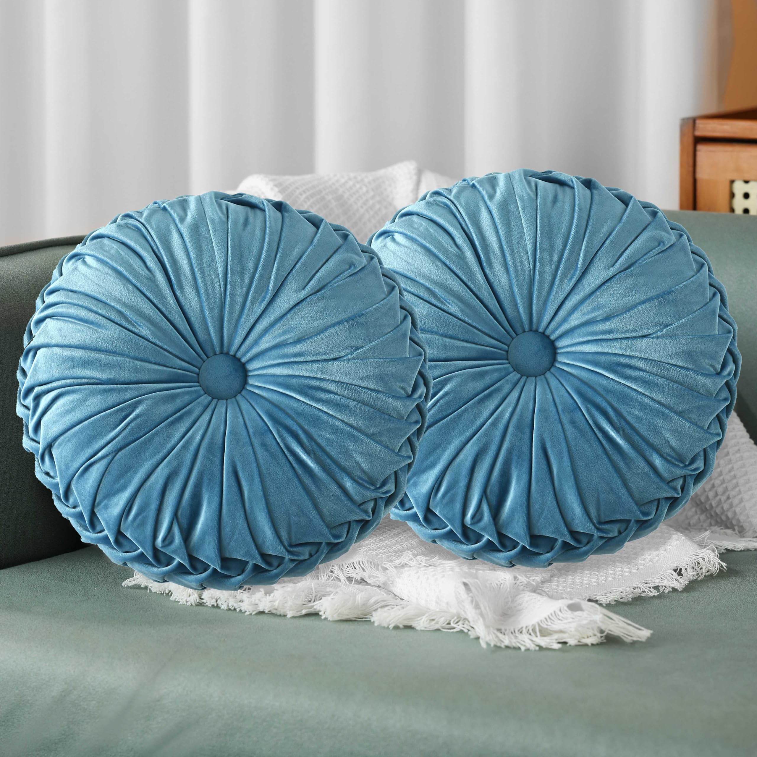 HIG Decorative Round Throw Pillows for Bed Couch -Set of 2 Handcraft Ruched Pumpkin Pillow, Soft and Durable Flannel Floor Pillow for Home Decor, Bed Living Room and Sofa (Dusty Rose,14.5"x14.5")