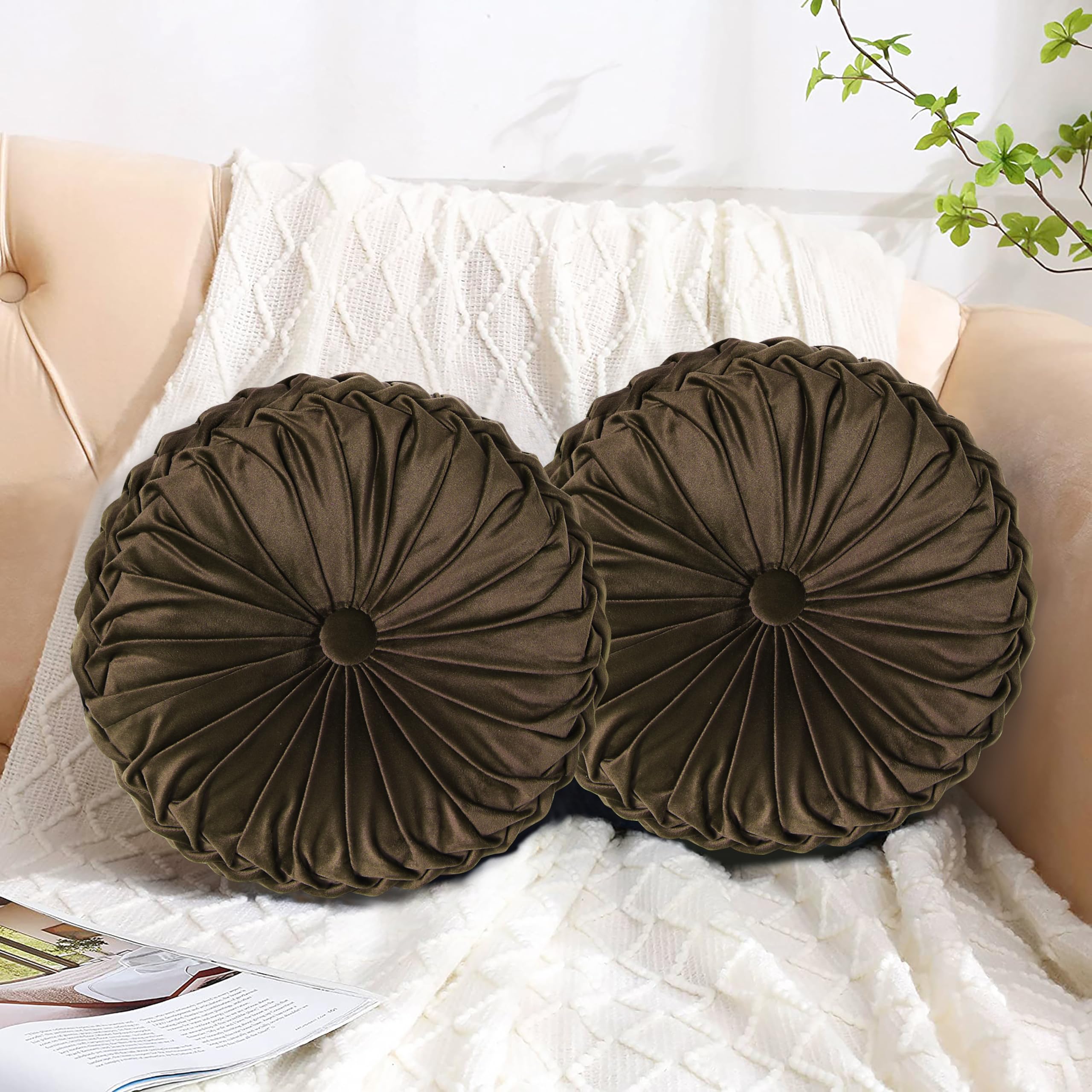 HIG Decorative Round Throw Pillows for Bed Couch -Set of 2 Handcraft Ruched Pumpkin Pillow, Soft and Durable Flannel Floor Pillow for Home Decor, Bed Living Room and Sofa (Dusty Rose,14.5"x14.5")