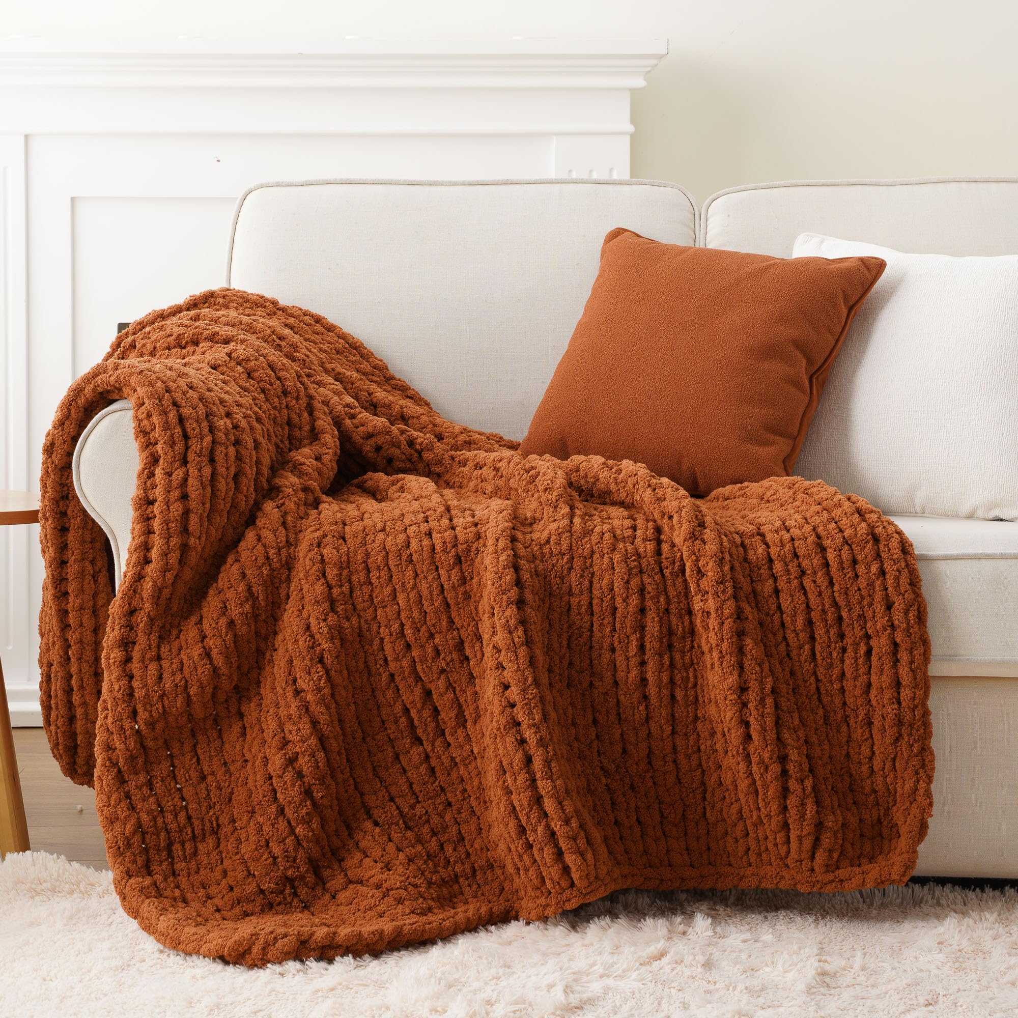 Battilo Brown Chunky Knit Throw Blanket, Soft and Thick Chenille Throw Blanket, 50"x60" Handmade Cable Knit Crochet Blanket, Knot Throw Blankets for Couch Sofa Bed Home Decor (Brown, 50"x60")