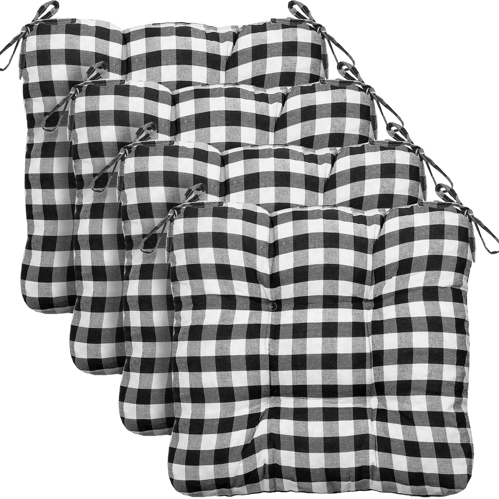 Geetery 4 Pack Chair Cushions for Dining Chairs, 16" x 15" Black and White Kitchen Chair Cushions with Ties Buffalo Plaid Soft Comfy Seat Pads for Home Office Living Room Outdoor Indoor