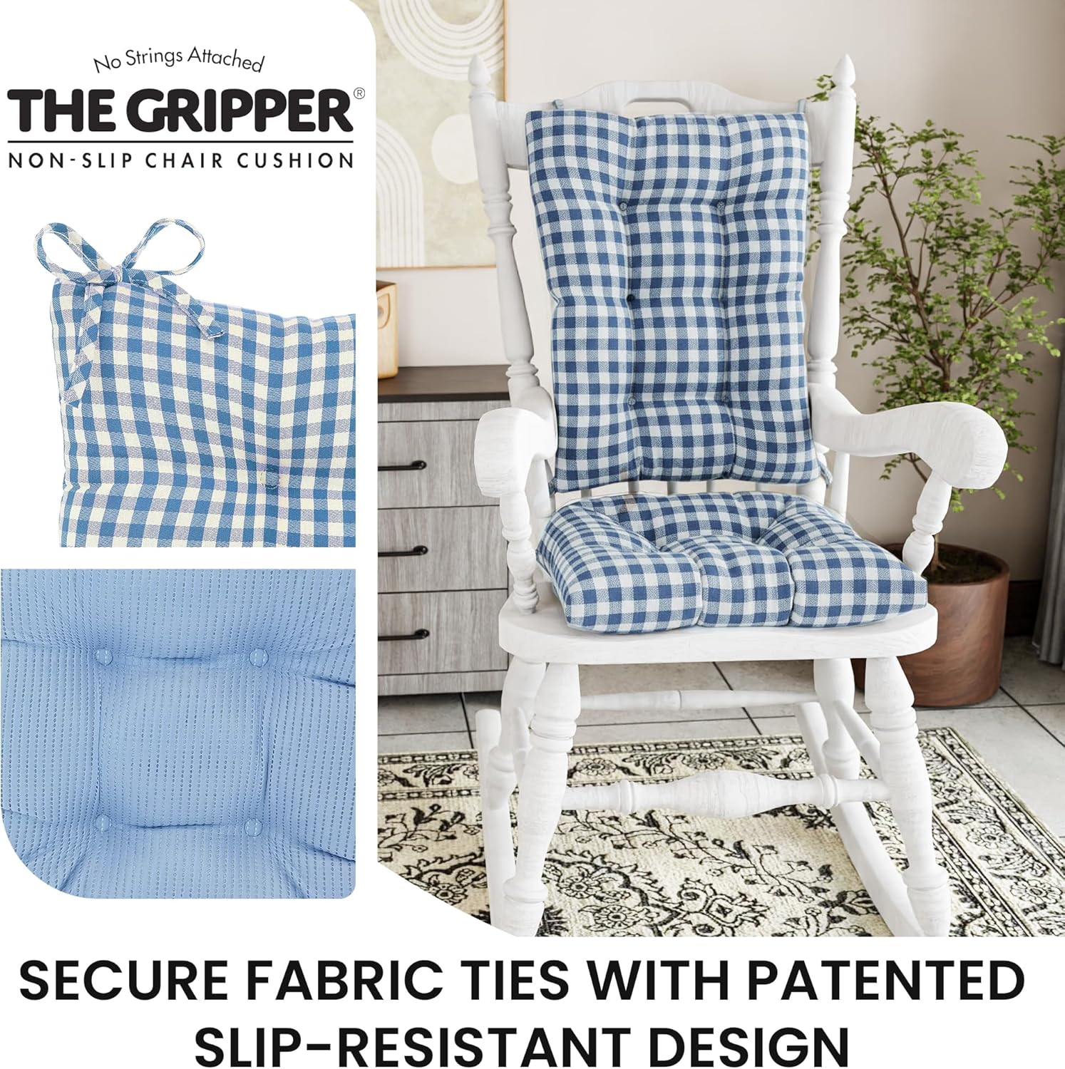 Klear Vu The Gripper Non-Slip Rocking Chair Cushion Set with Thick Padding, Includes Seat Pad & Back Pillow with Ties for Indoor Living Room Rocker, 17x17 Inches, 2 Piece Set, Wedgewood