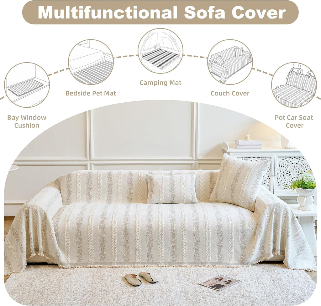 Washable Non-Slip Striped Dog Sofa Cover for 2-Seat Couch, Beige 71×118