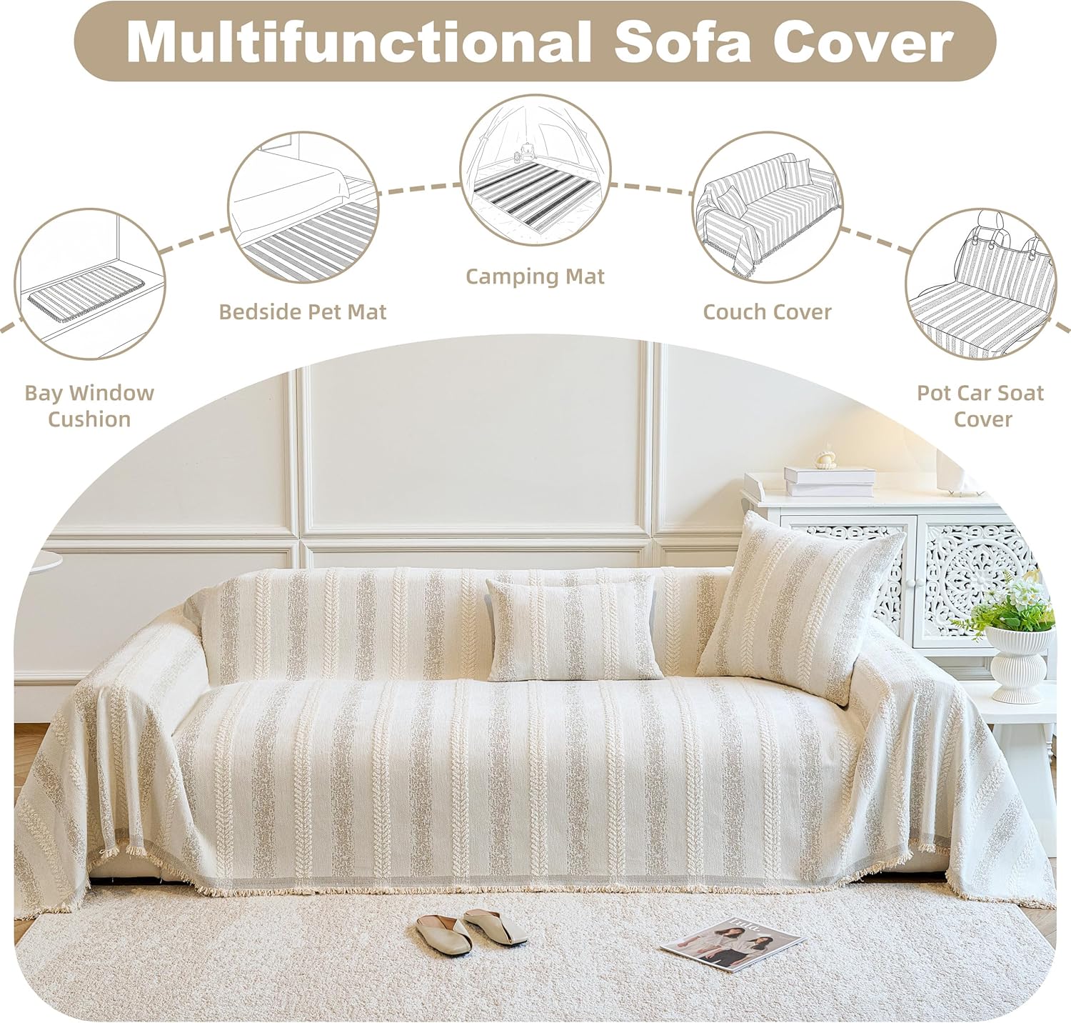 Washable Non-Slip Striped Dog Sofa Cover for 2-Seat Couch, Beige 71×118