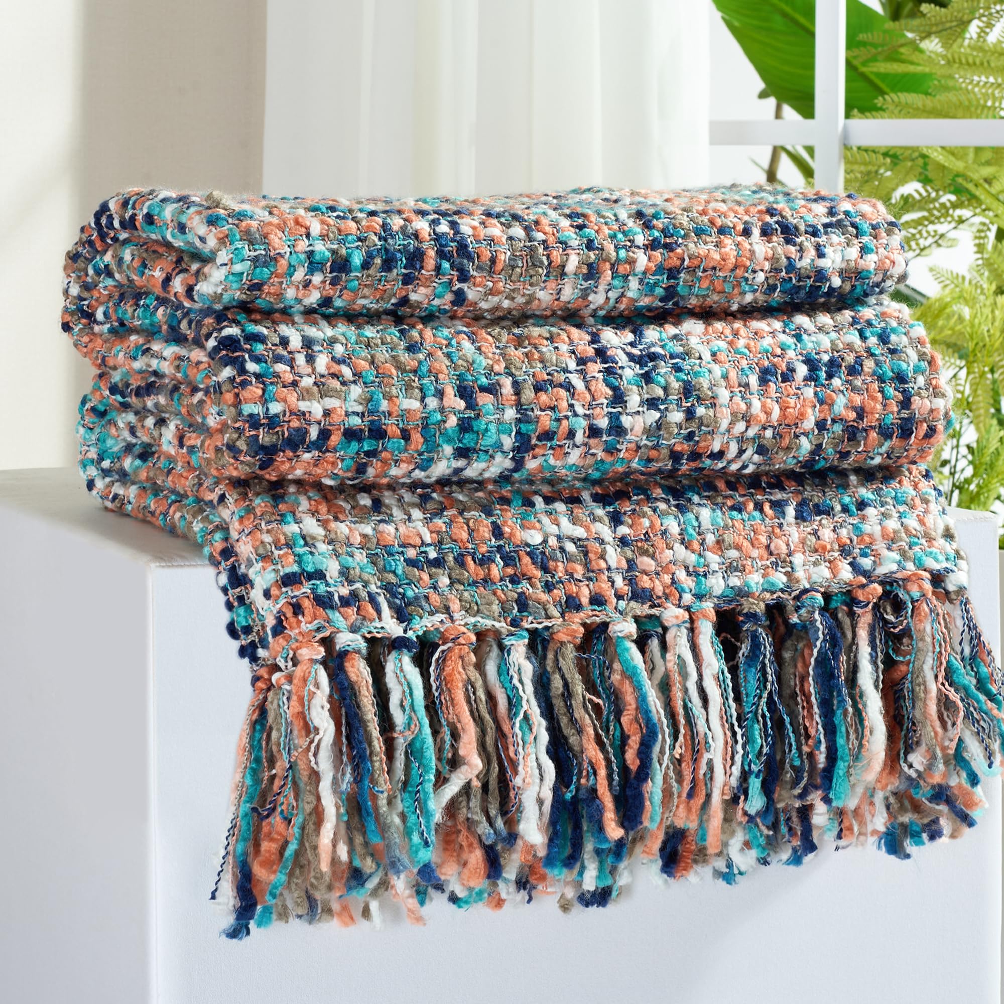 Multi-Color Gold Green Cable Woven Throw Blanket for Couch,50"X60" Boho Style Textured Blankets for Home Decor,Super Soft Warm Cozy Chunky Blanket with Decorative Tassels for Bed
