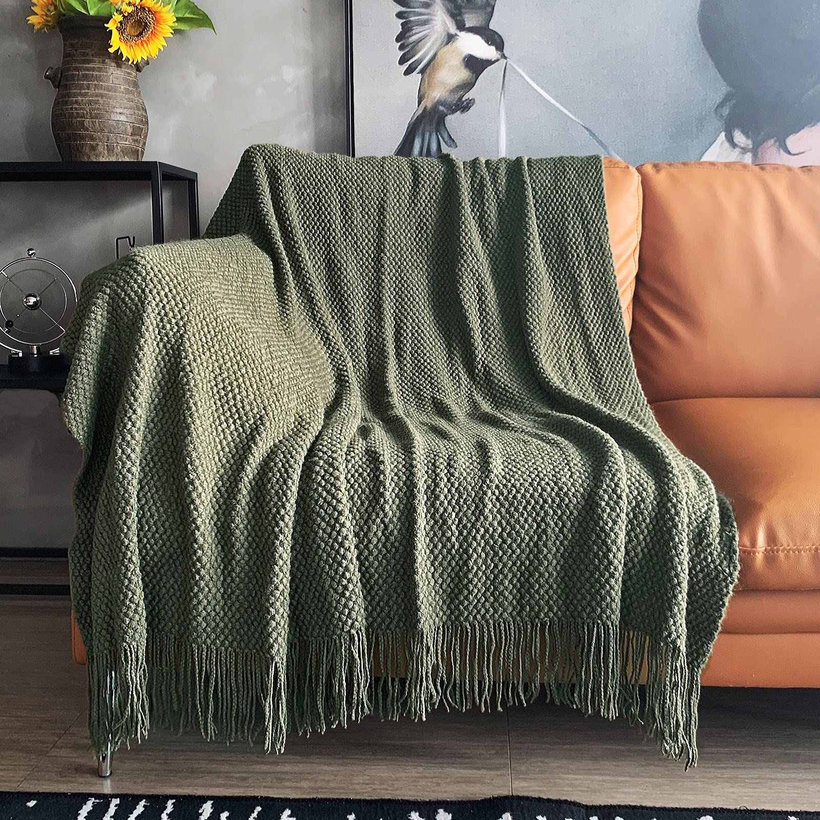 LOMAO Knitted Throw Blanket with Tassels Bubble Textured Lightweight Throws for Couch Cover Home Decor (Cream, 60x80)