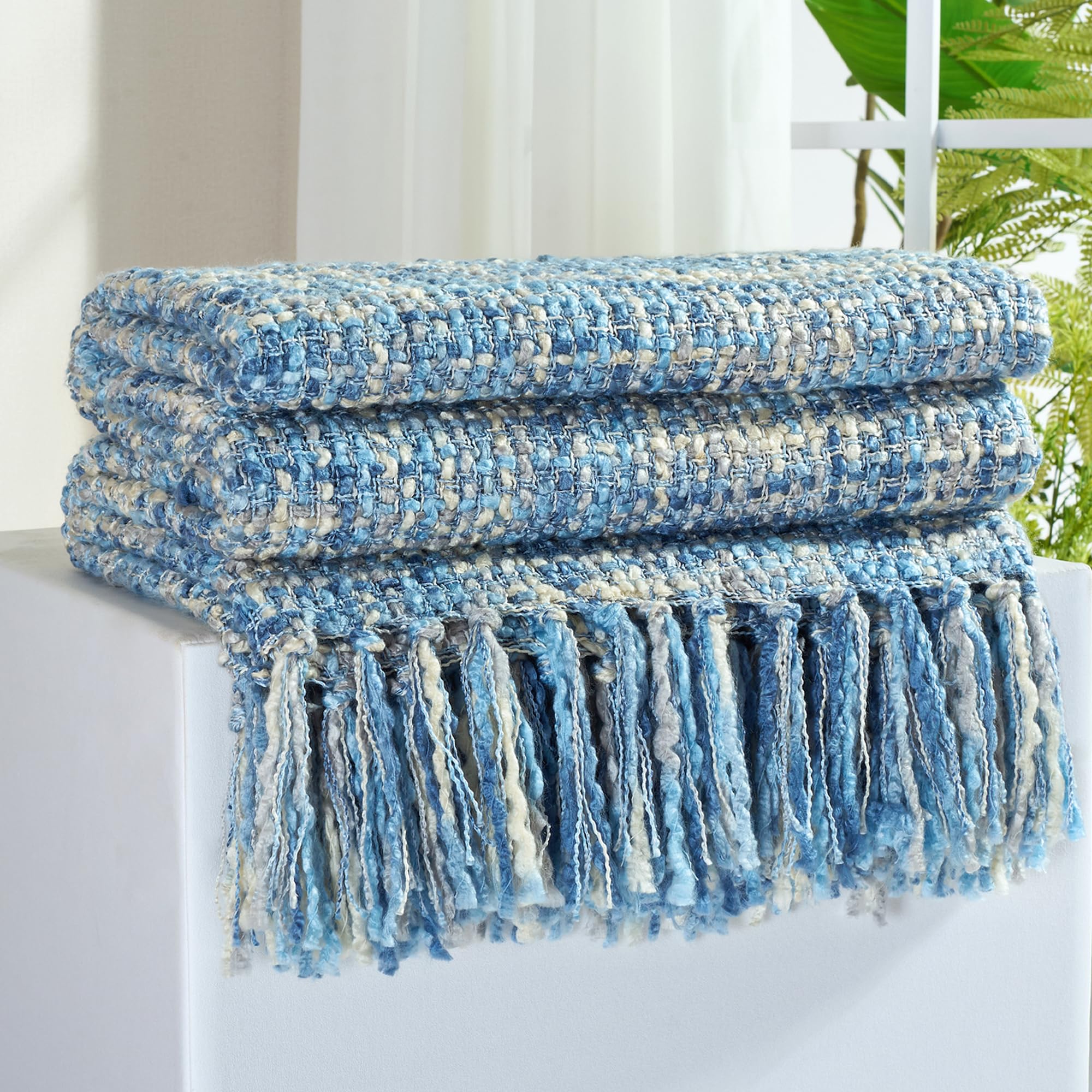Multi-Color Gold Green Cable Woven Throw Blanket for Couch,50"X60" Boho Style Textured Blankets for Home Decor,Super Soft Warm Cozy Chunky Blanket with Decorative Tassels for Bed