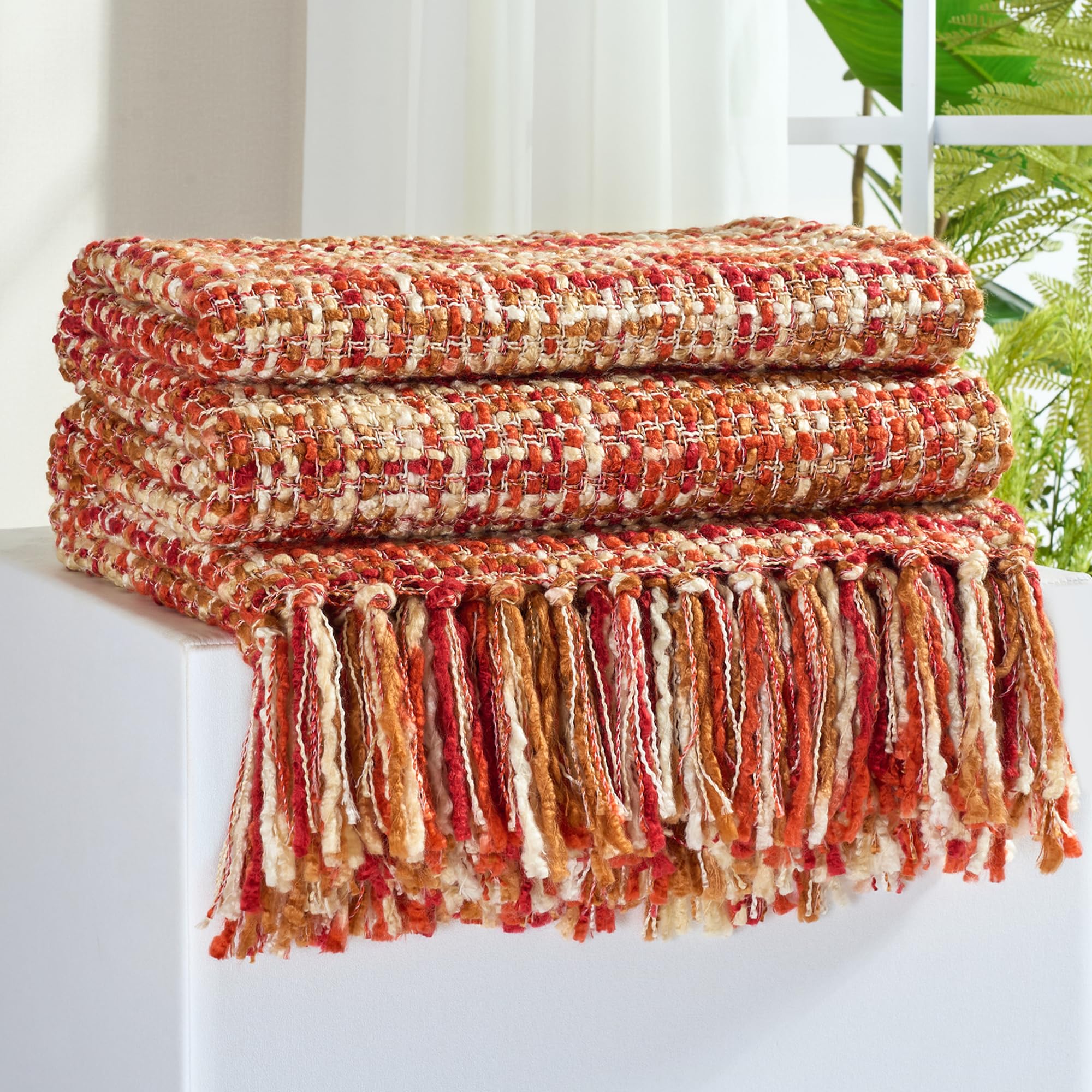 Multi-Color Gold Green Cable Woven Throw Blanket for Couch,50"X60" Boho Style Textured Blankets for Home Decor,Super Soft Warm Cozy Chunky Blanket with Decorative Tassels for Bed