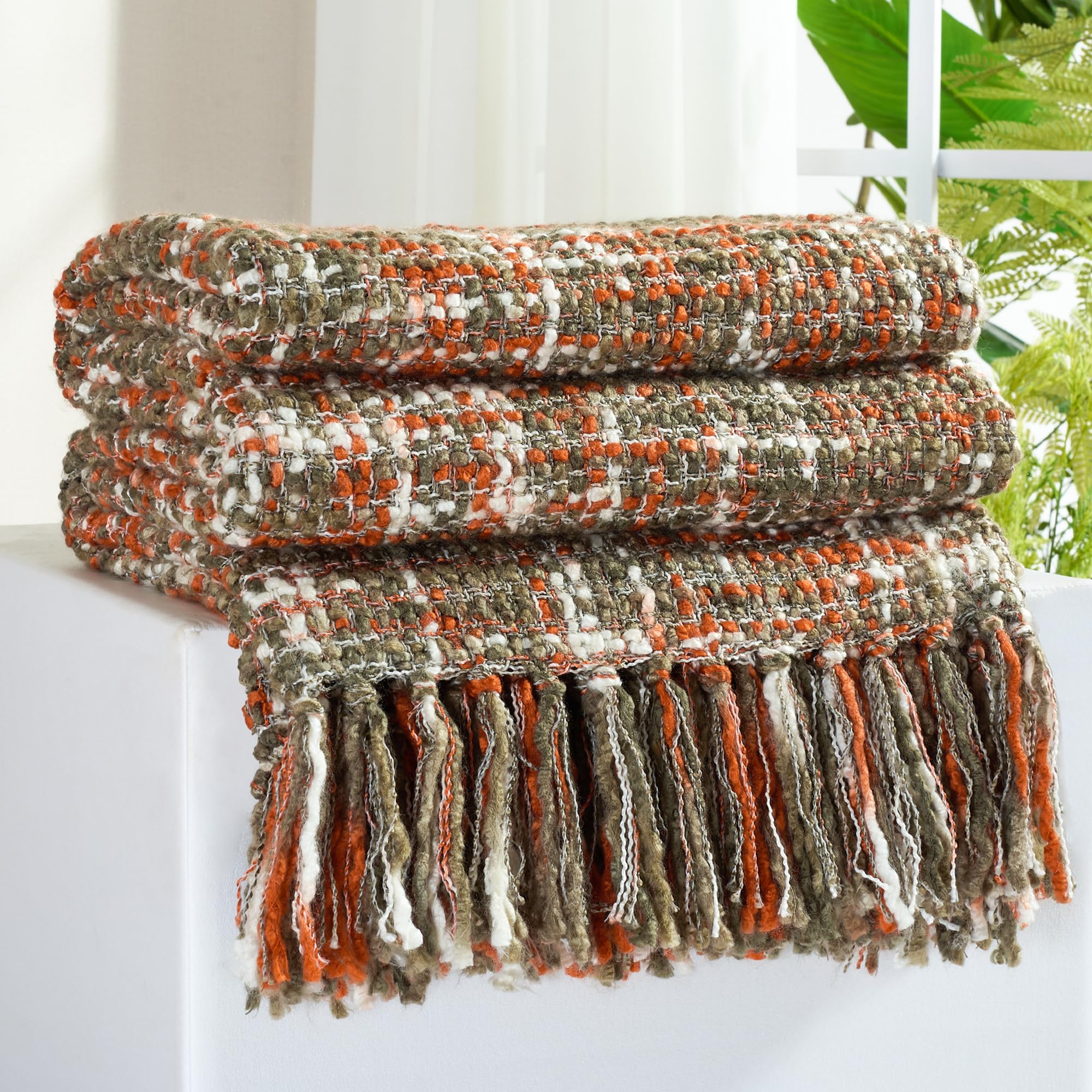 Multi-Color Gold Green Cable Woven Throw Blanket for Couch,50"X60" Boho Style Textured Blankets for Home Decor,Super Soft Warm Cozy Chunky Blanket with Decorative Tassels for Bed