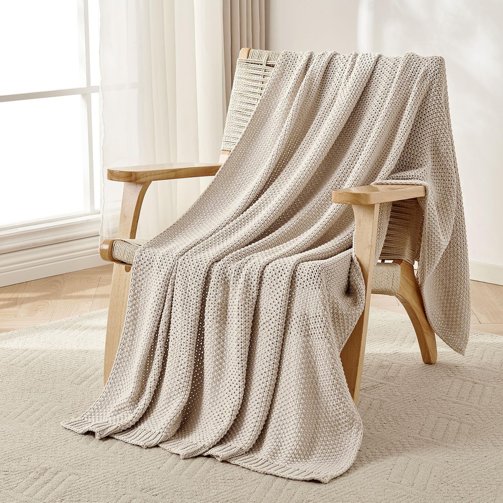 Joydeco Chunky Cable Knit Throw Blanket, Lightweight 100% Cotton Soft Cozy Throw Twin Blanket for Couch Bed and Sofa, Rustic Breathable Farmhouse Blanket Gift for Women Men(Cream White, 51"x63")