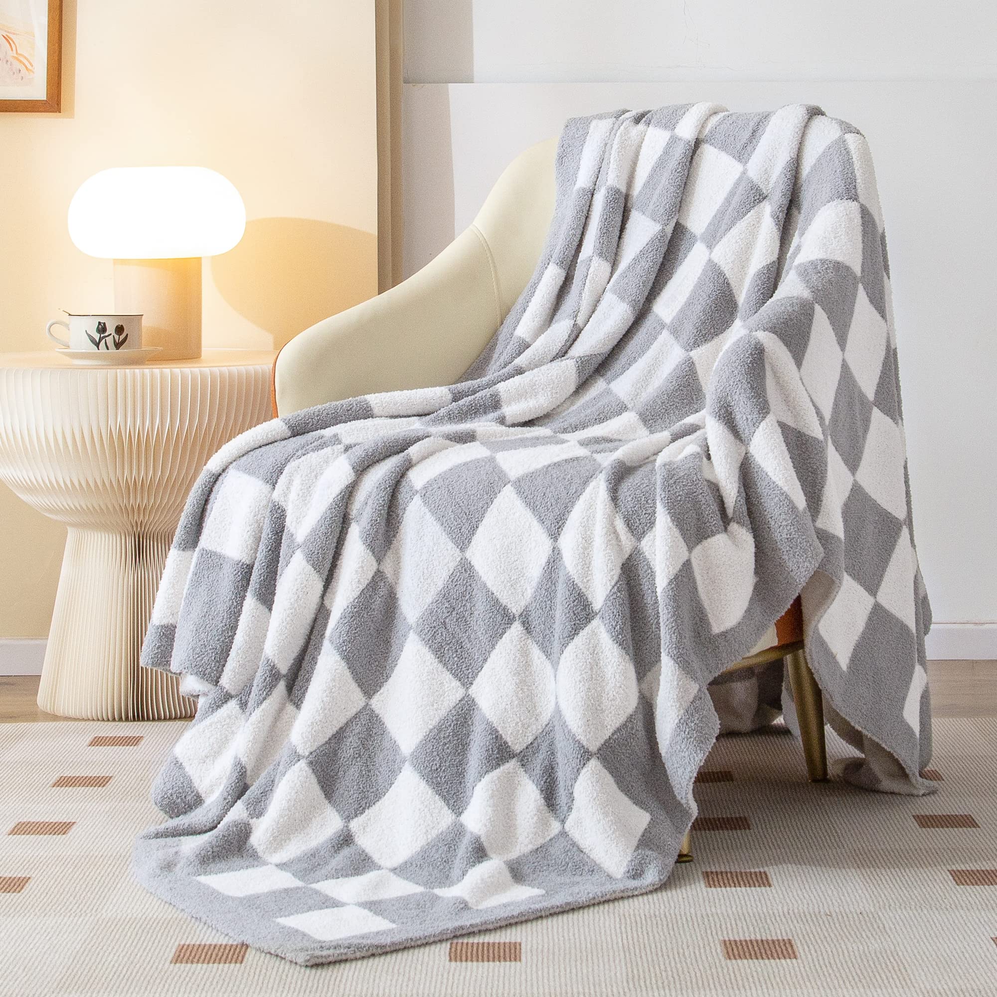 SeaRoomy Checkered Throw Blanket, Ultra Soft Cozy Reversible Checkerboard Fuzzy Blanket, Fluffy Lightweight Microfiber Knit Throw Blanket for Couch Sofa Bed Decor Gift(Sage Green, 51"×63")
