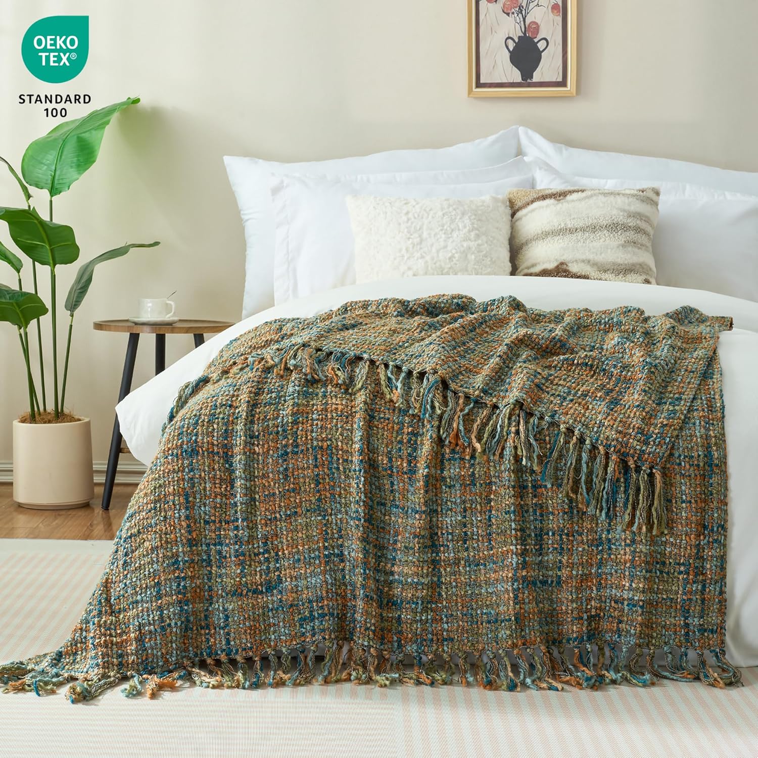 Multi-Color Gold Green Cable Woven Throw Blanket for Couch,50"X60" Boho Style Textured Blankets for Home Decor,Super Soft Warm Cozy Chunky Blanket with Decorative Tassels for Bed
