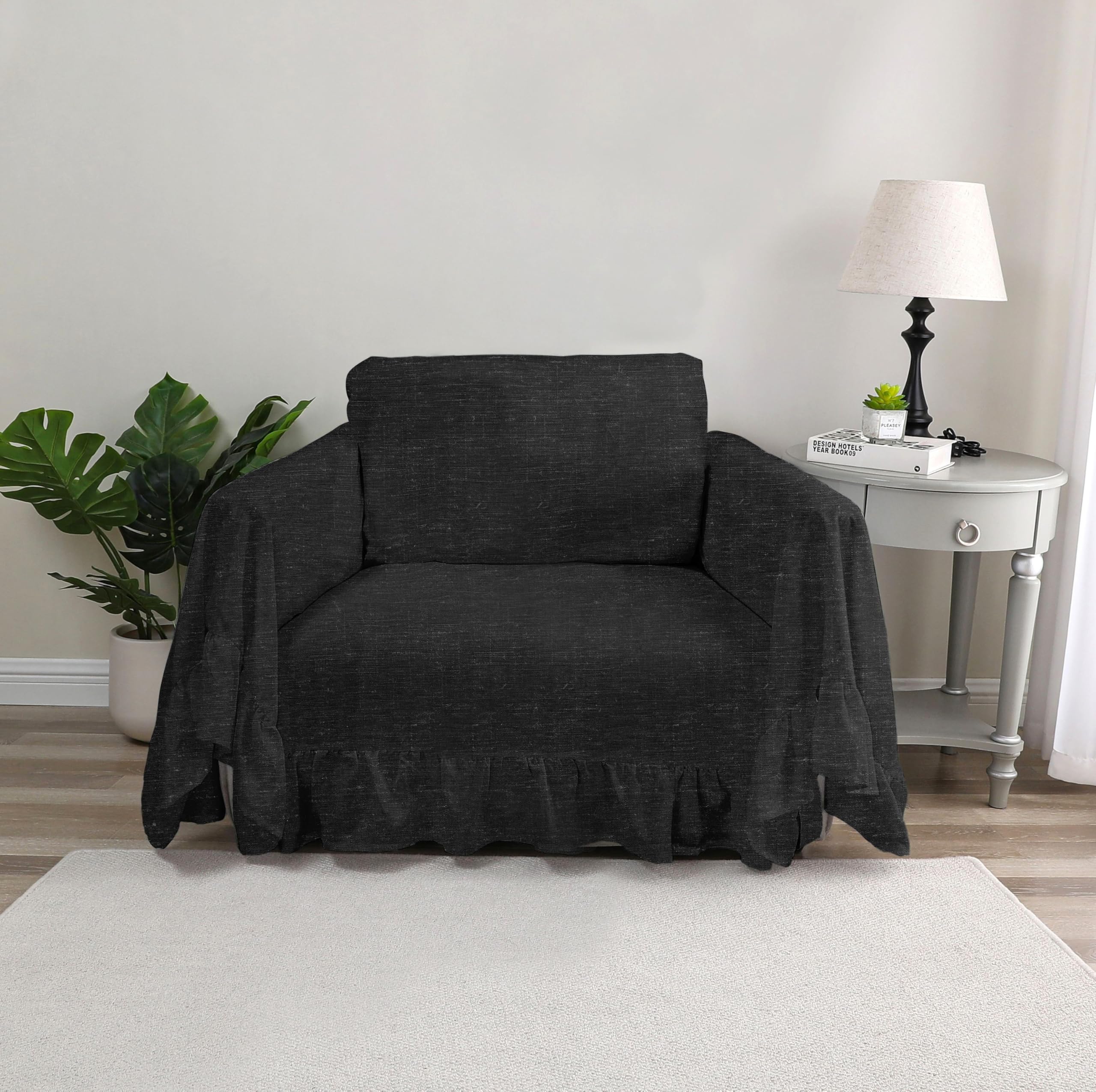Rustic Linen Sofa Cover with Tie Strings, Full Couch Protector Durable Throw Slipcover Ruffled Edge (White, Large Sofa)