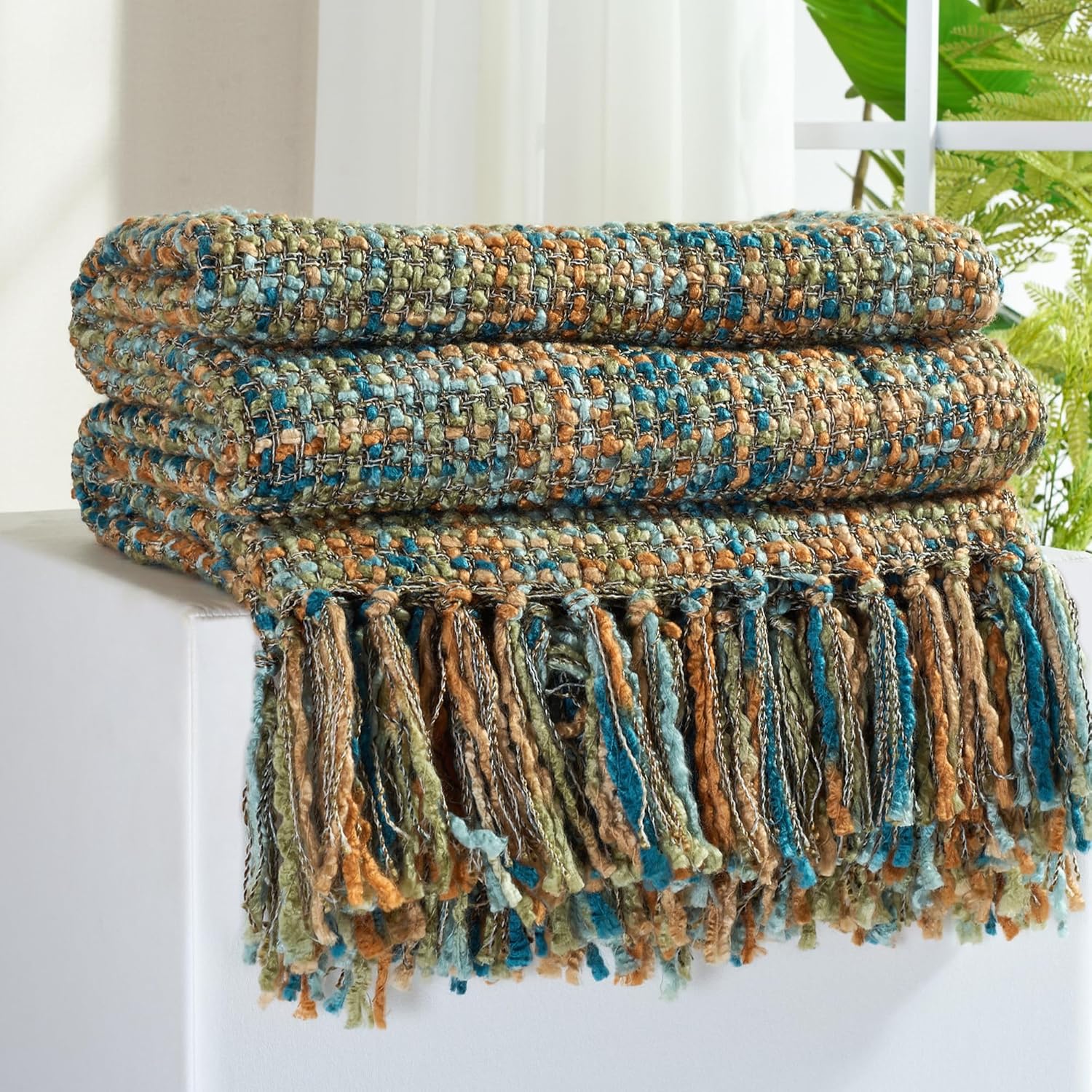 Multi-Color Gold Green Cable Woven Throw Blanket for Couch,50"X60" Boho Style Textured Blankets for Home Decor,Super Soft Warm Cozy Chunky Blanket with Decorative Tassels for Bed