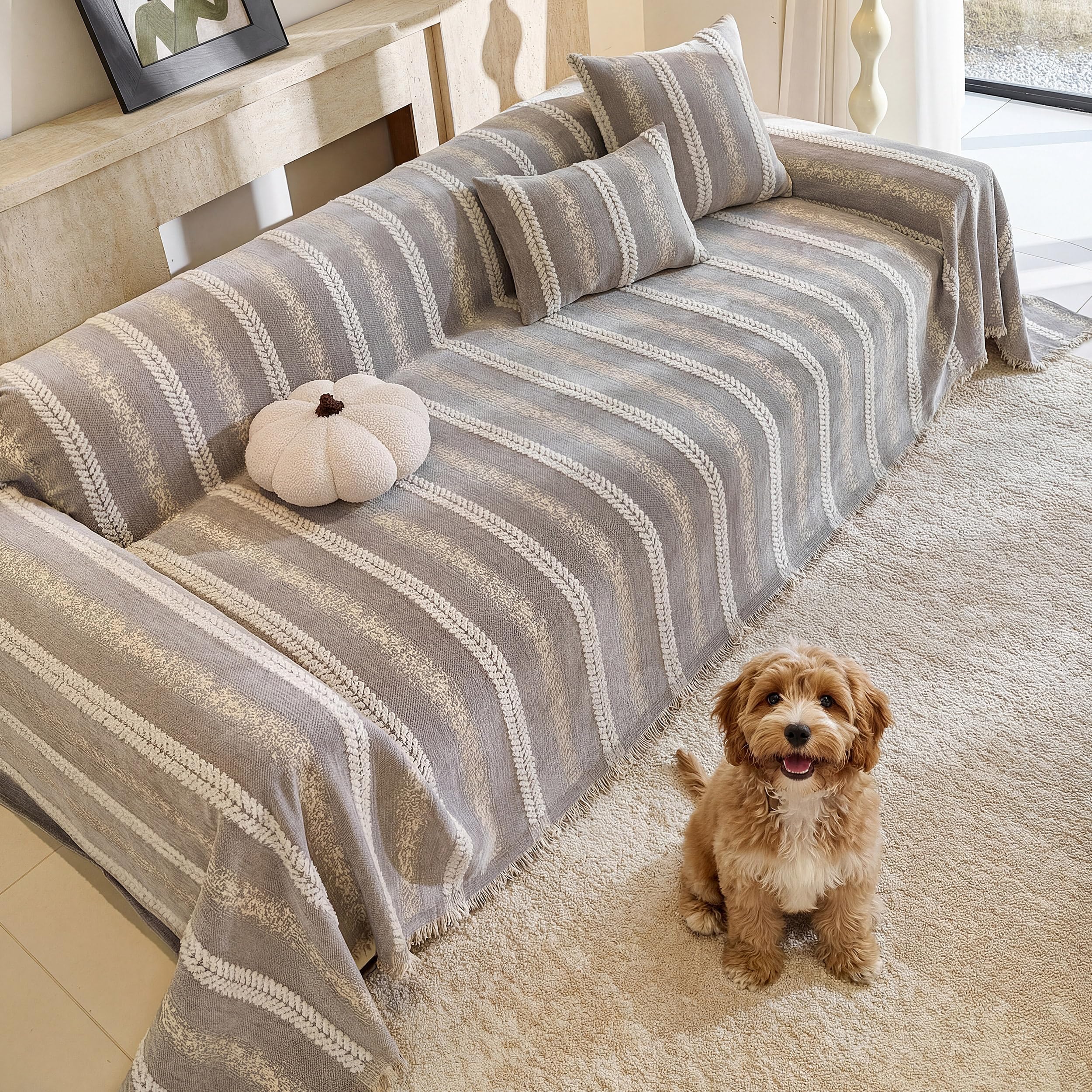 Washable Non-Slip Striped Dog Sofa Cover for 2-Seat Couch, Beige 71×118
