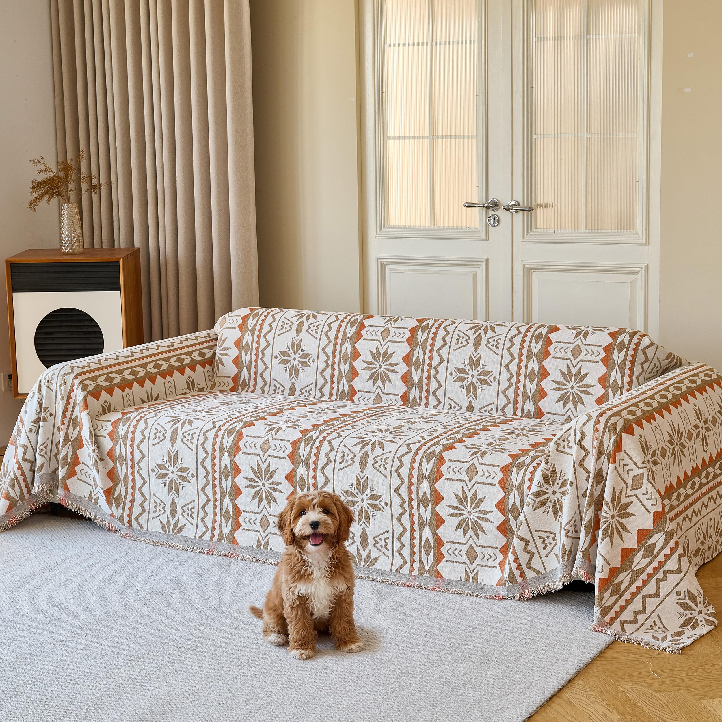Washable Non-Slip Striped Dog Sofa Cover for 2-Seat Couch, Beige 71×118