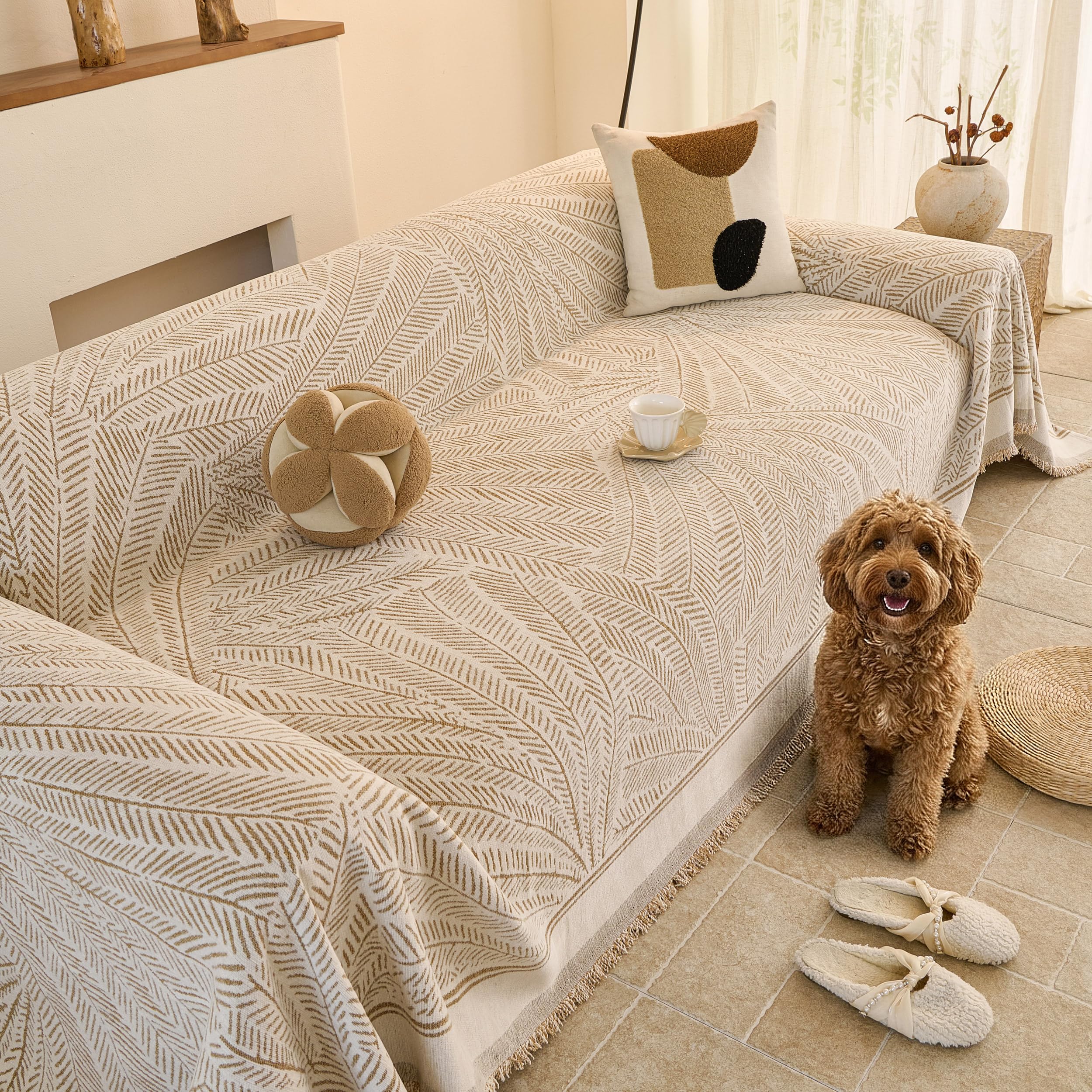 Washable Non-Slip Striped Dog Sofa Cover for 2-Seat Couch, Beige 71×118