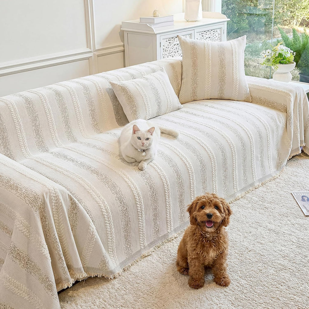 Washable Non-Slip Striped Dog Sofa Cover for 2-Seat Couch, Beige 71×118
